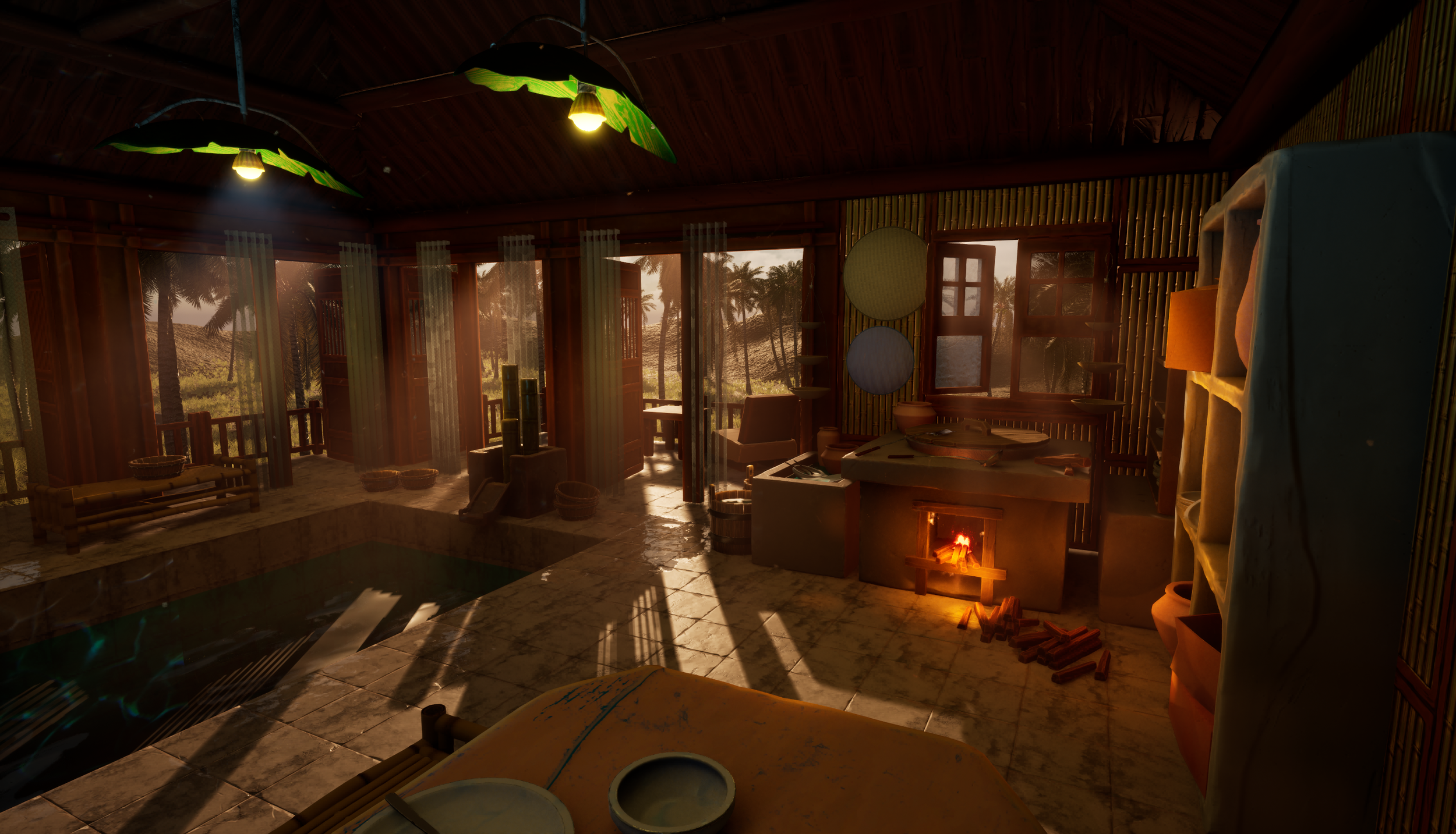 Cozy wooden interior with open windows showing a tropical landscape with palm trees, a small fireplace with fire, and a kitchen countertop with dishes, plates, and baskets.