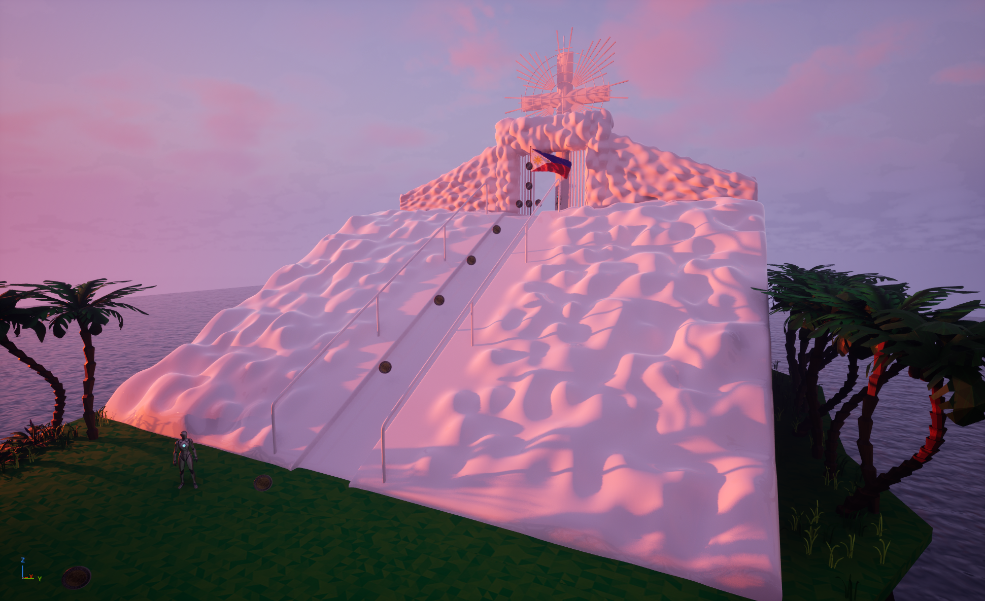 A digital 3D rendering of a white snow mountain with a slide, situated on a green grassy area with palm trees, under a pinkish-purple sky, with a robot standing on the grass and a flag at the top.