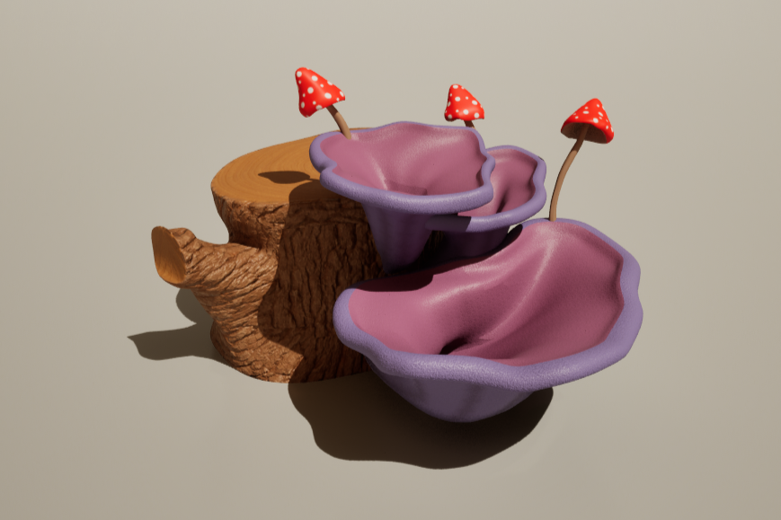 Realistic cartoon-style mushrooms growing on a tree stump with purple, velvety caps and red caps with white spots.