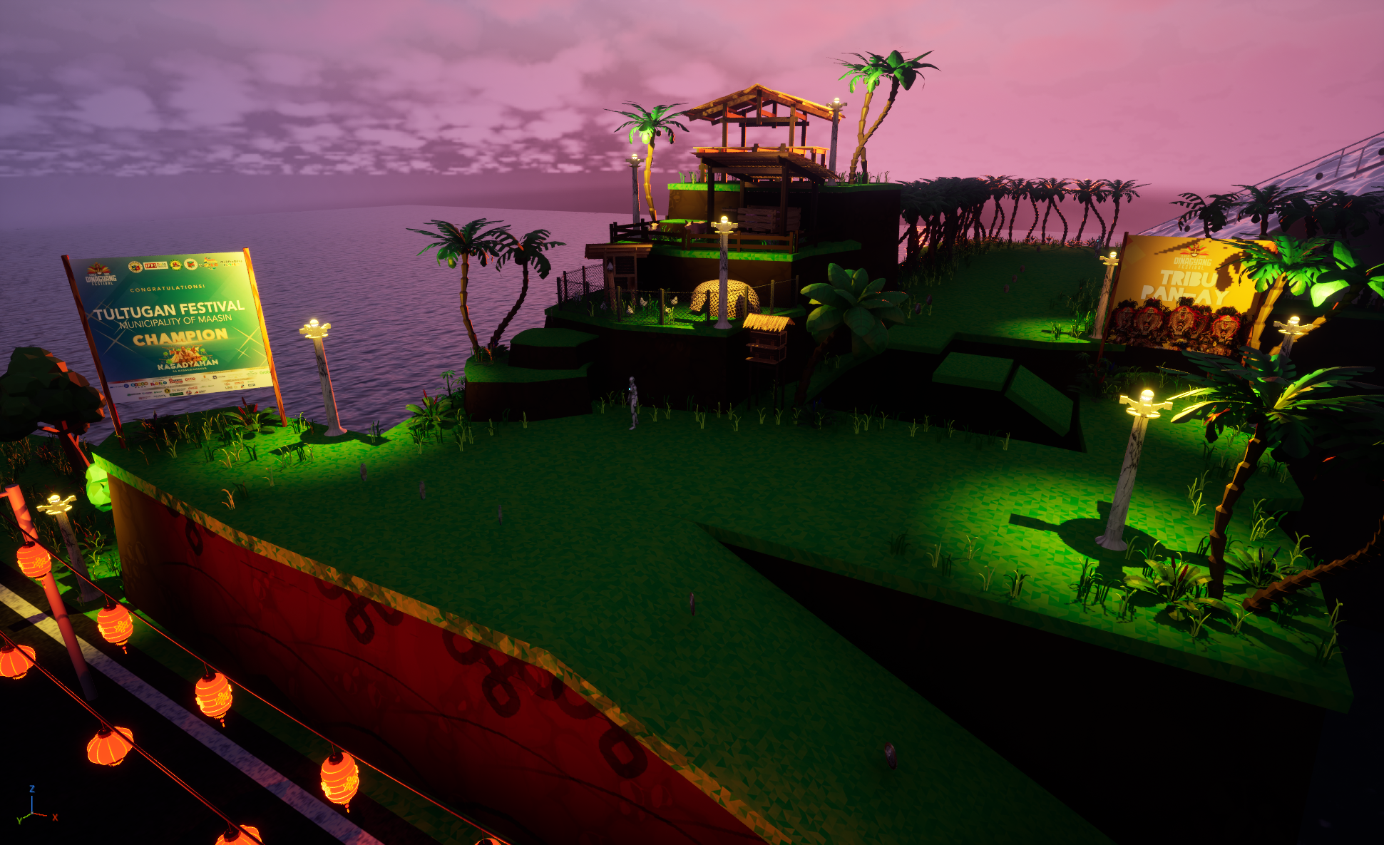 Digital rendering of a hillside decorated for a festival with palm trees, banners, and hanging lanterns near a body of water during sunset.