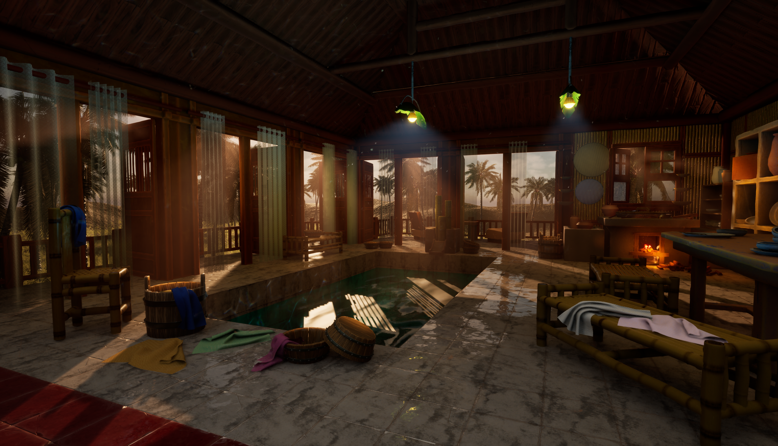 Indoor spa room with a small pool, wooden furniture, towels, and a fireplace, with large windows showing a tropical landscape of palm trees and a sunset.