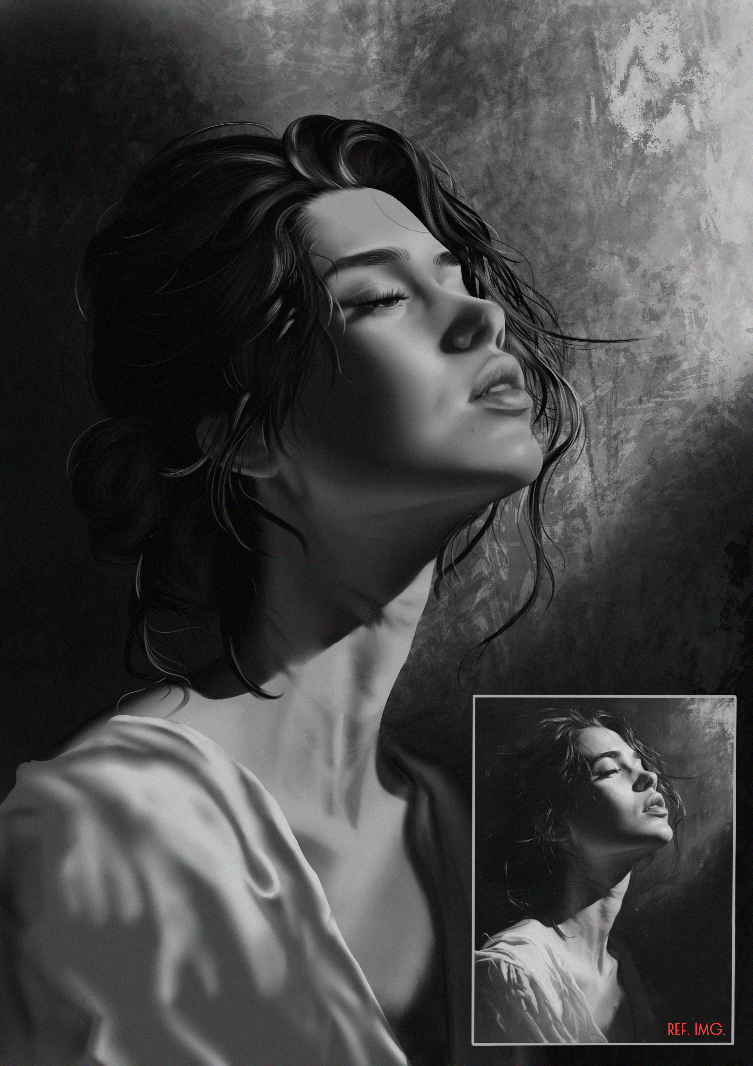 A black and white portrait of a woman with disheveled hair, her eyes closed, and her head tilted back. The image includes a smaller inset of the same photo with the text 'REF. IMG.' in red.