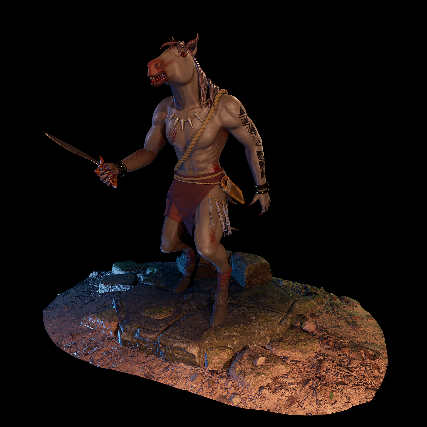 A mythical humanoid creature with a horse's head, muscular build, tribal tattoos, and a spear, standing on a rocky base.