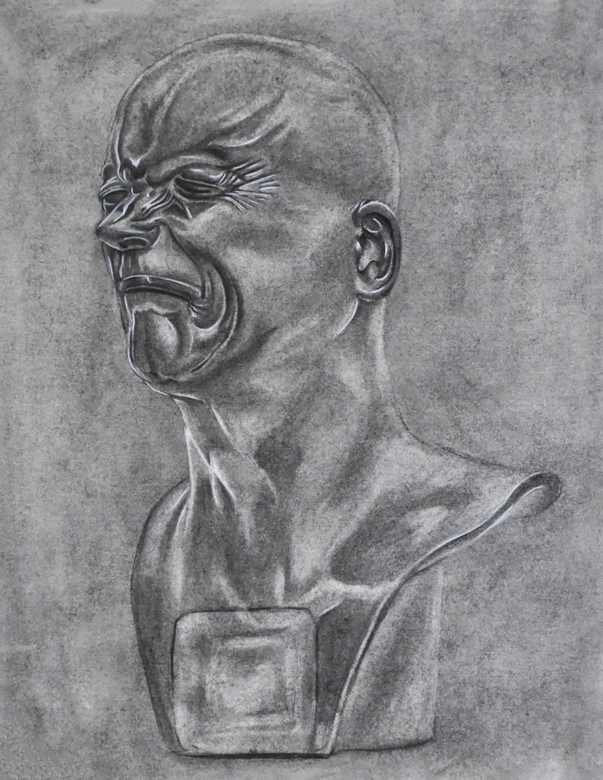 A pencil drawing of a bust sculpture of a bald man with exaggerated facial features, showing an angry or intense expression.