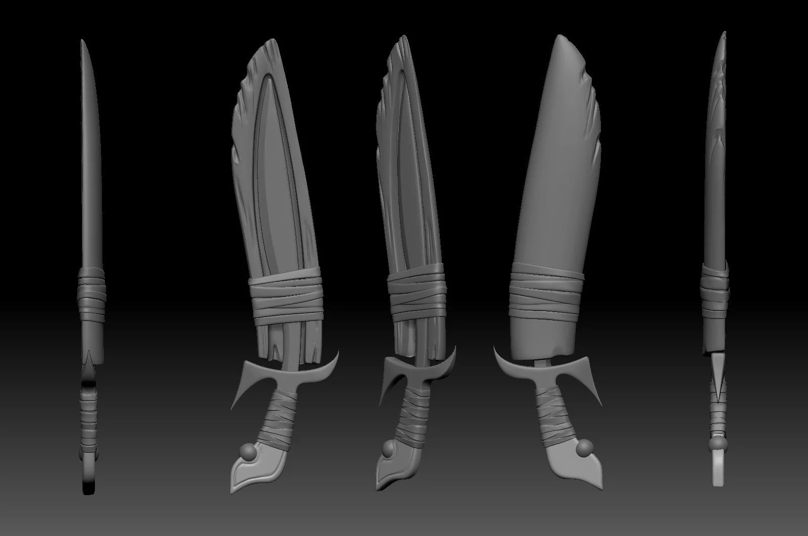 Set of five gray, tribal-style knives with different shapes and wrapped handles, displayed vertically against a black background.