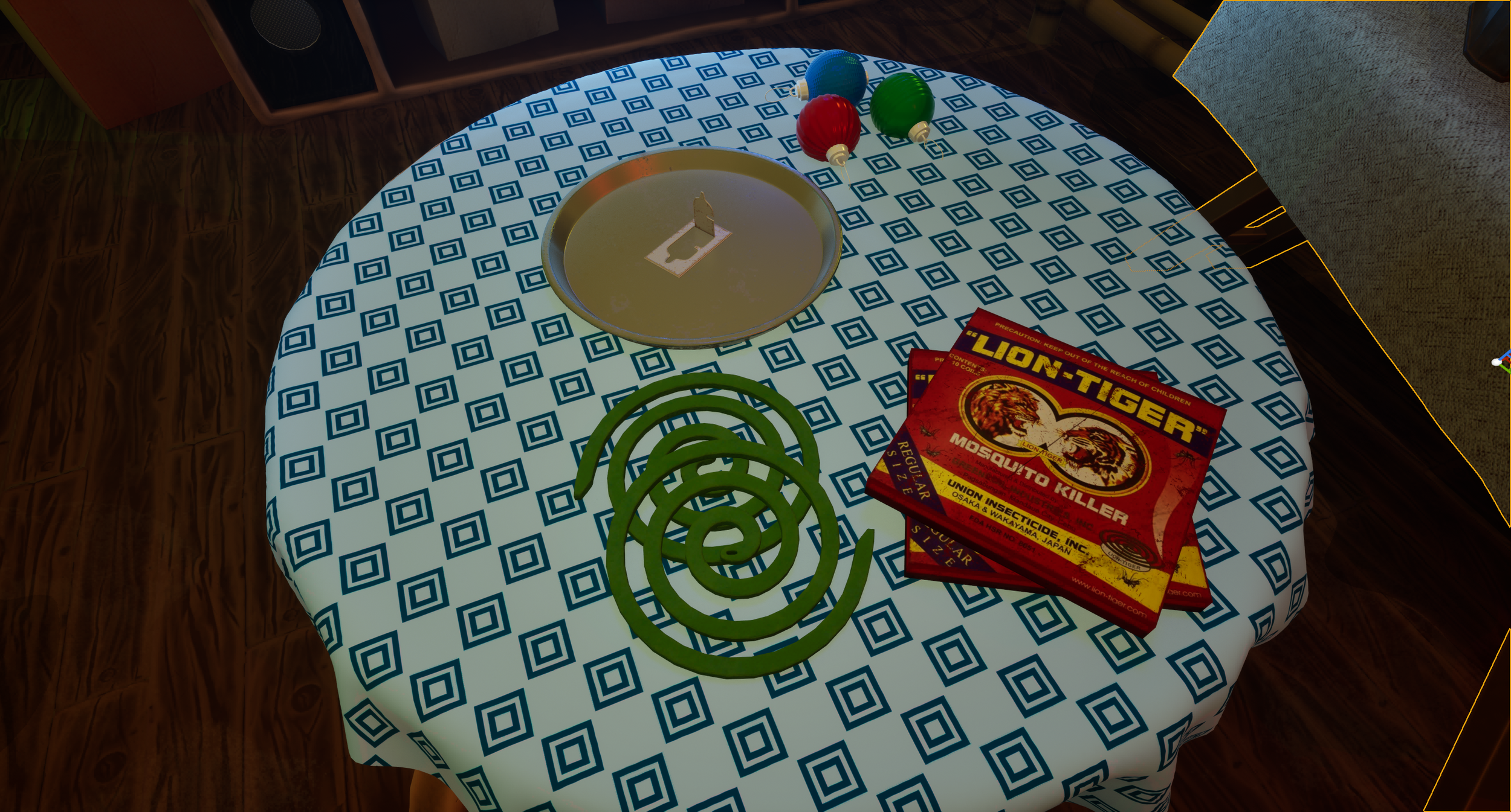 A round table with a blue and white geometric patterned cloth, holding green coiled snake toys, a box labeled 'Lion-Tiger Mosquito Killer,' a metal tray, and three colored light bulbs.