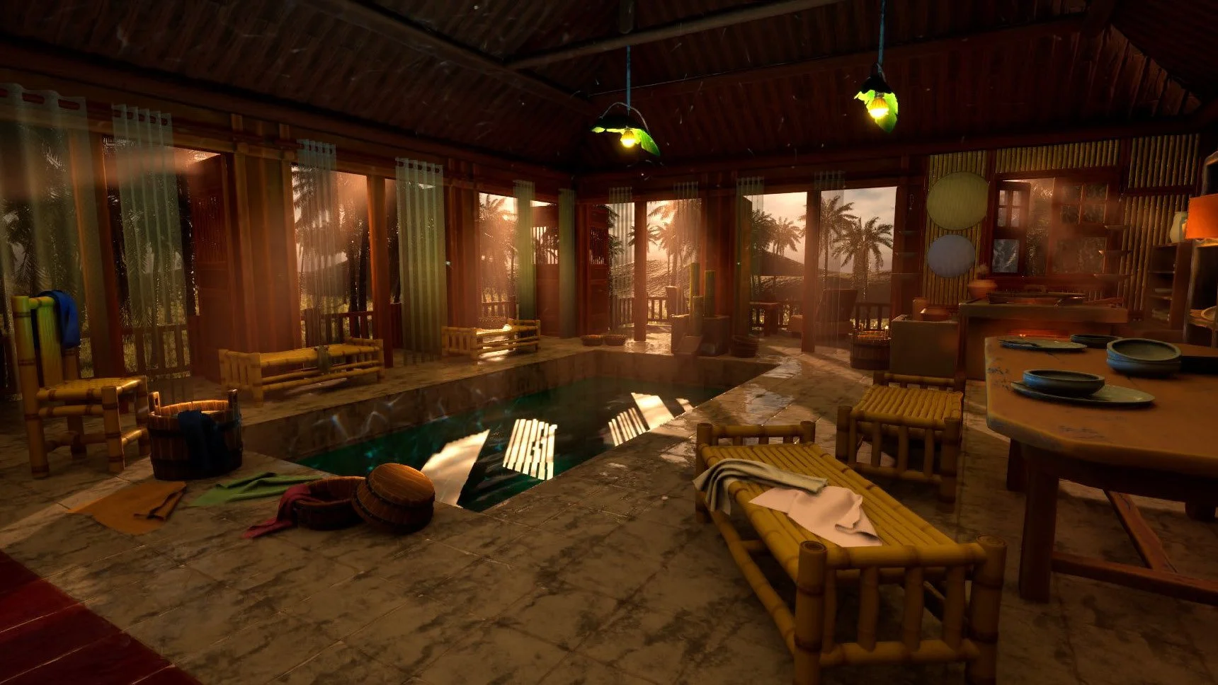 Indoor wooden lounge area with a small pool, tropical scenery outside, bamboo furniture, and colorful hanging lights.