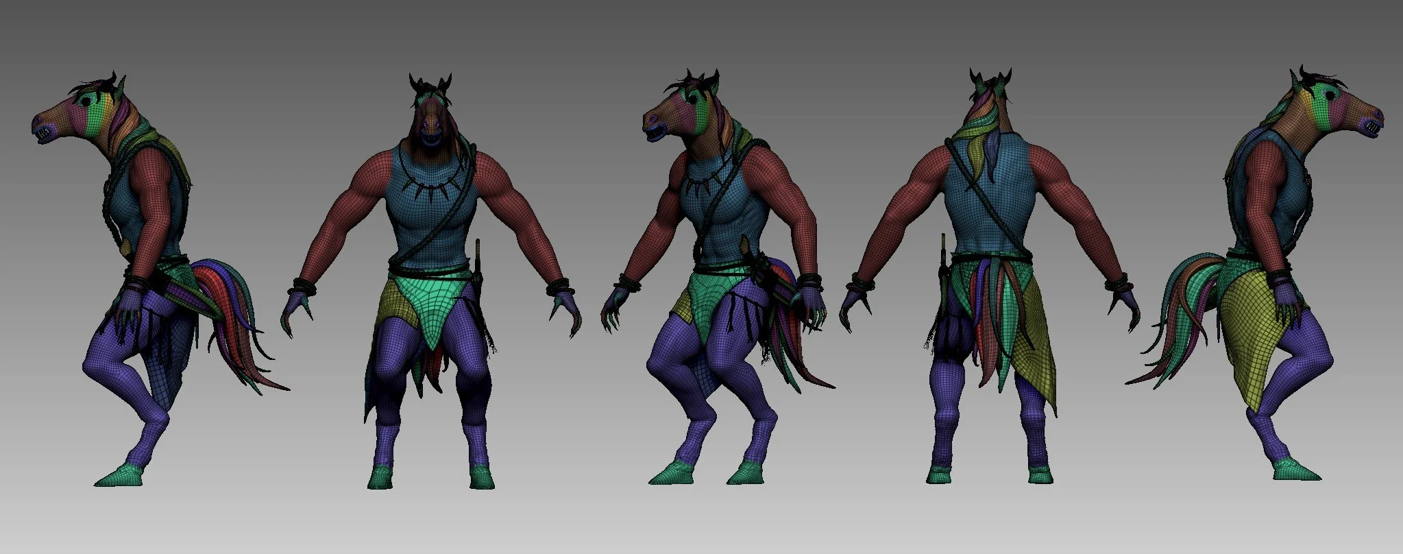 A 3D digital model of a humanoid horse with a rainbow-colored mane, wearing a blue tank top, colorful clothing, and accessories, shown from multiple angles against a gray background.