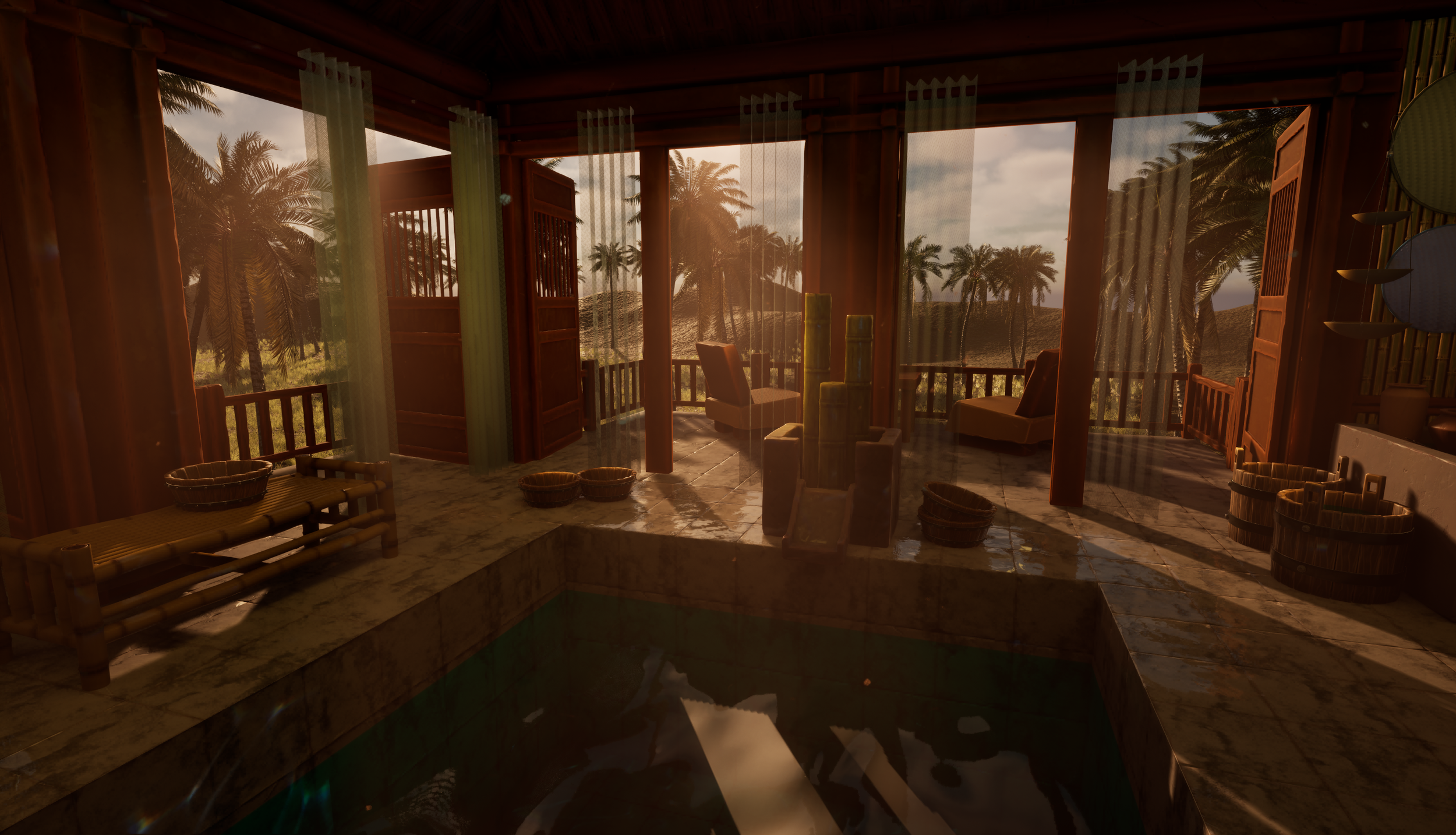 Indoor spa room with a hot tub, wooden furniture, and large windows showing a view of palm trees and a cloudy sky.