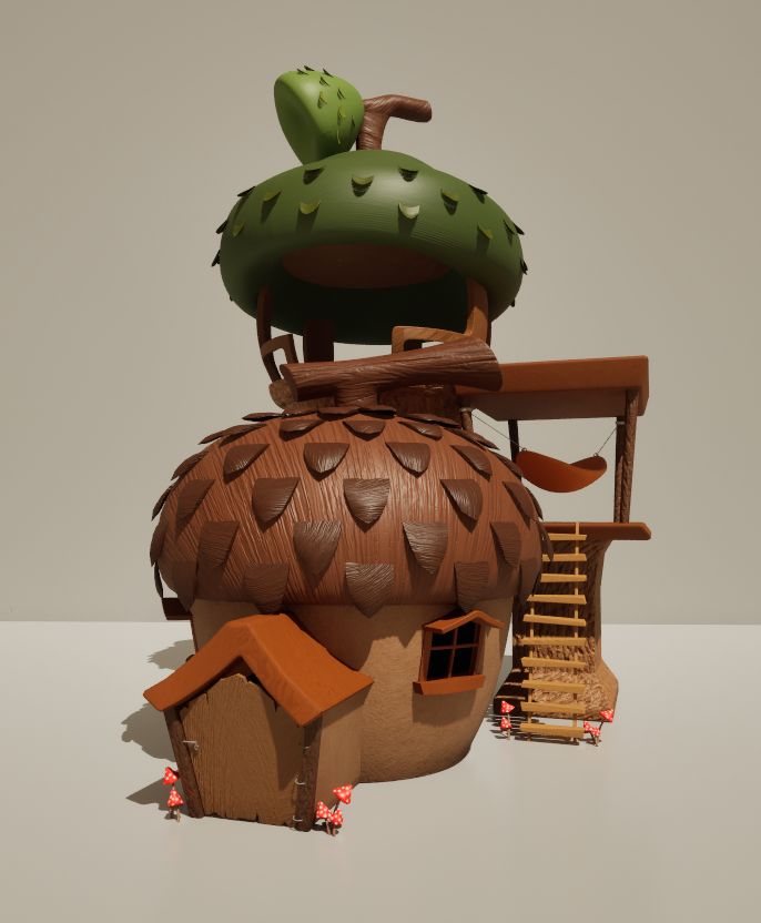 Acorn shaped wooden treehouse, ladder, hammock, and small door, designed to resemble a whimsical house or fairy tale setting.