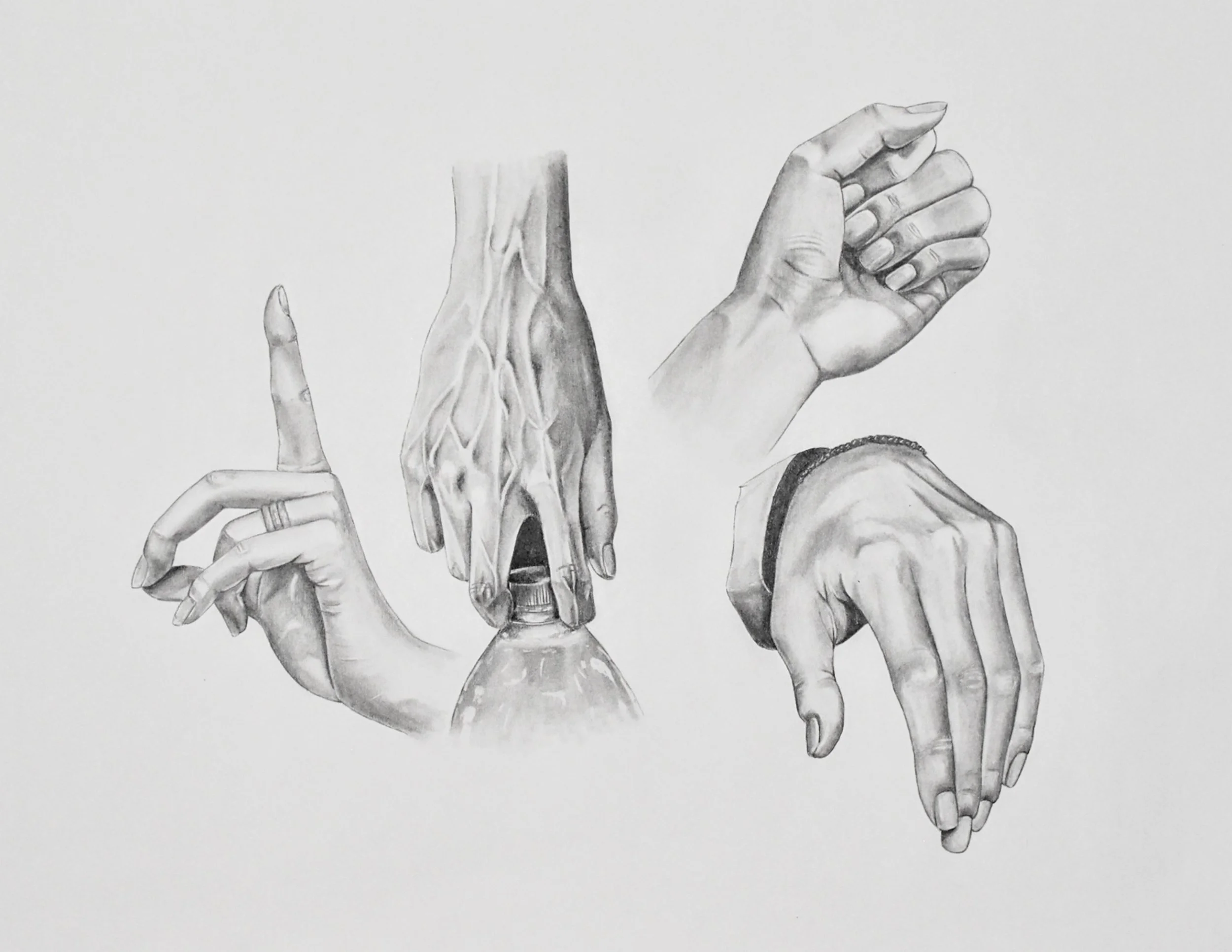 Sketch of four detailed human hands in various positions, with one hand stretching towards a plastic water bottle.