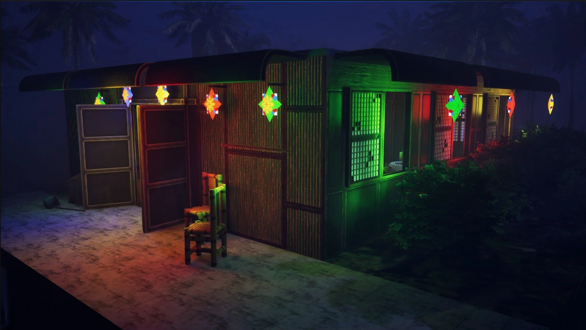A bamboo structure decorated with colorful star-shaped string lights at night, with palm trees in the background.