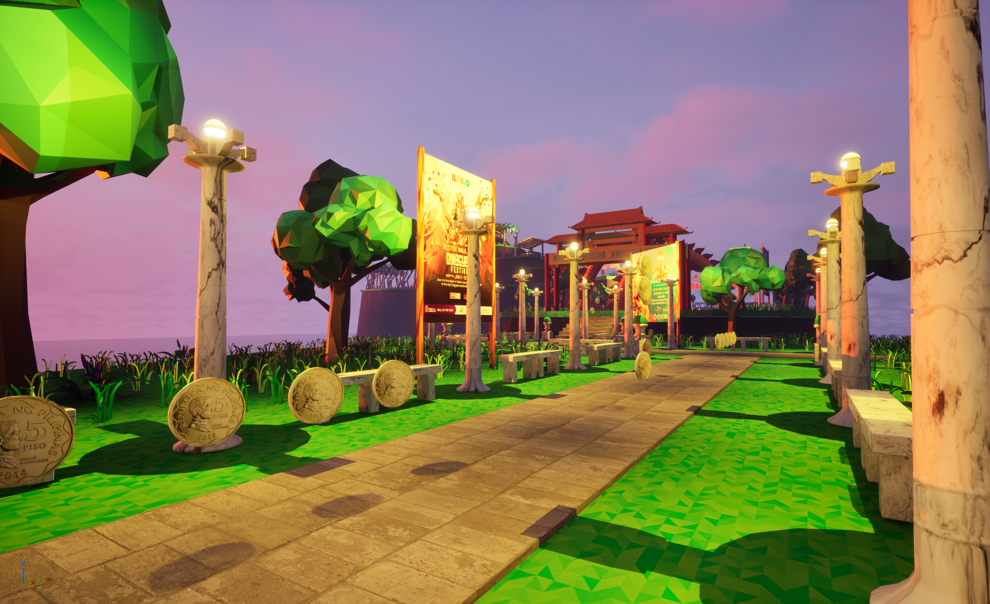 A colorful, low-poly park scene at sunset with trees, benches, lampposts, and posters along a paved walkway leading to a traditional Asian-style gate.