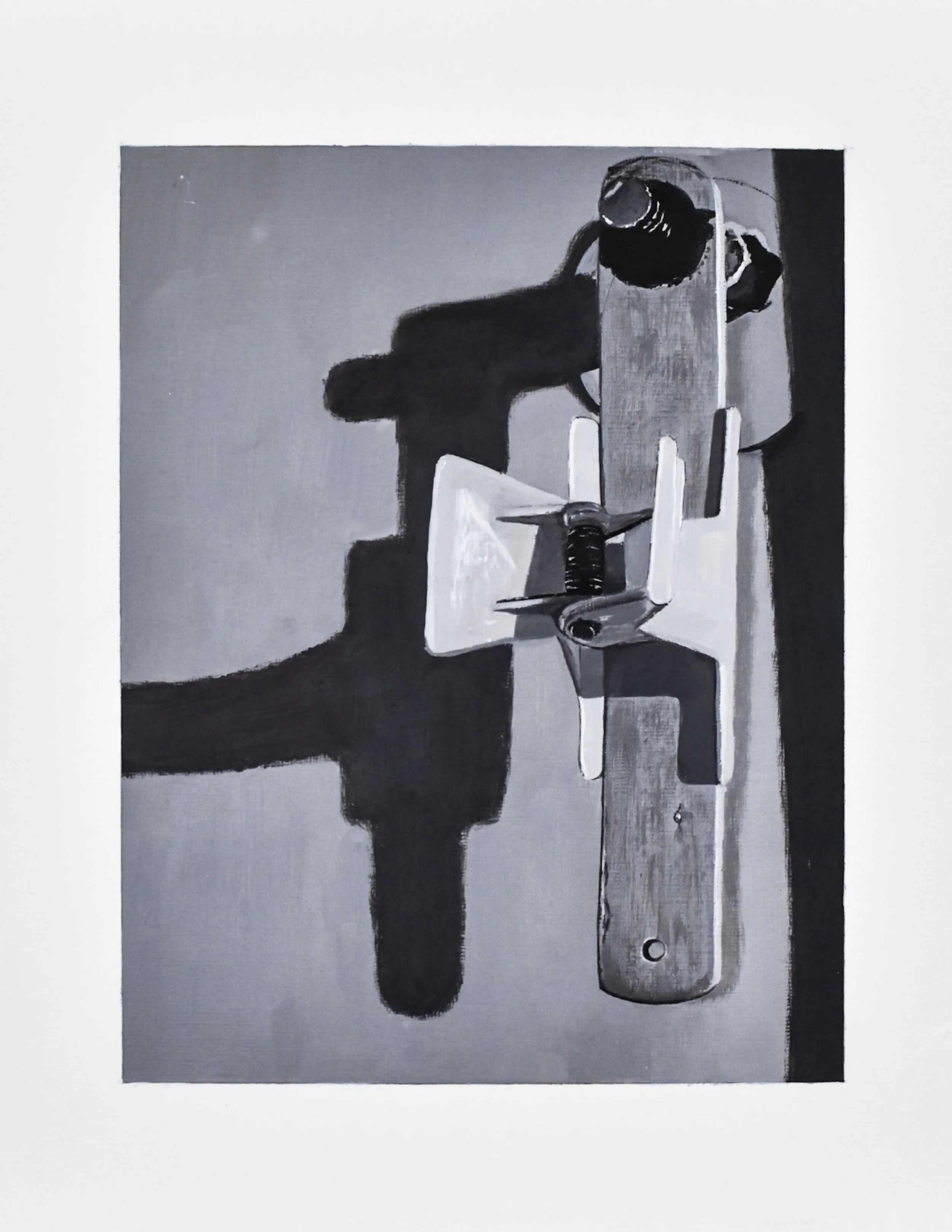 A black and white painting of a woodworking clamp attached to a piece of wood, with its shadow cast on the wall.