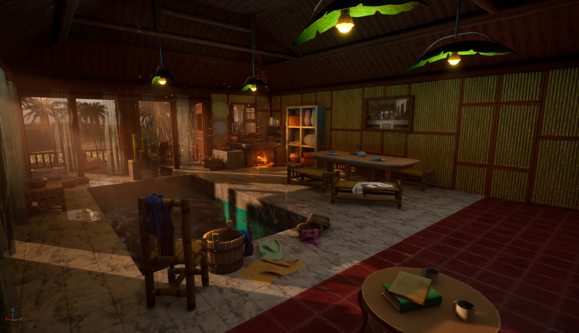 Indoor swimming pool area with chairs, tables, and a view of trees through large windows, warm lighting, and a wood-paneled ceiling.