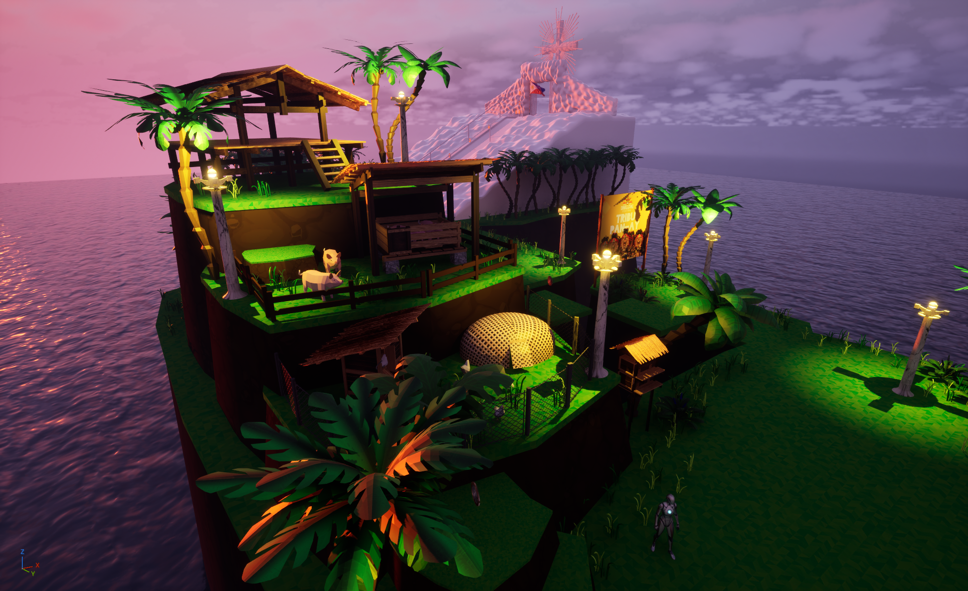 Digital rendering of a tropical island with multi-level structures, palm trees, a statue of a giraffe, and lit pathways over the ocean at sunset.