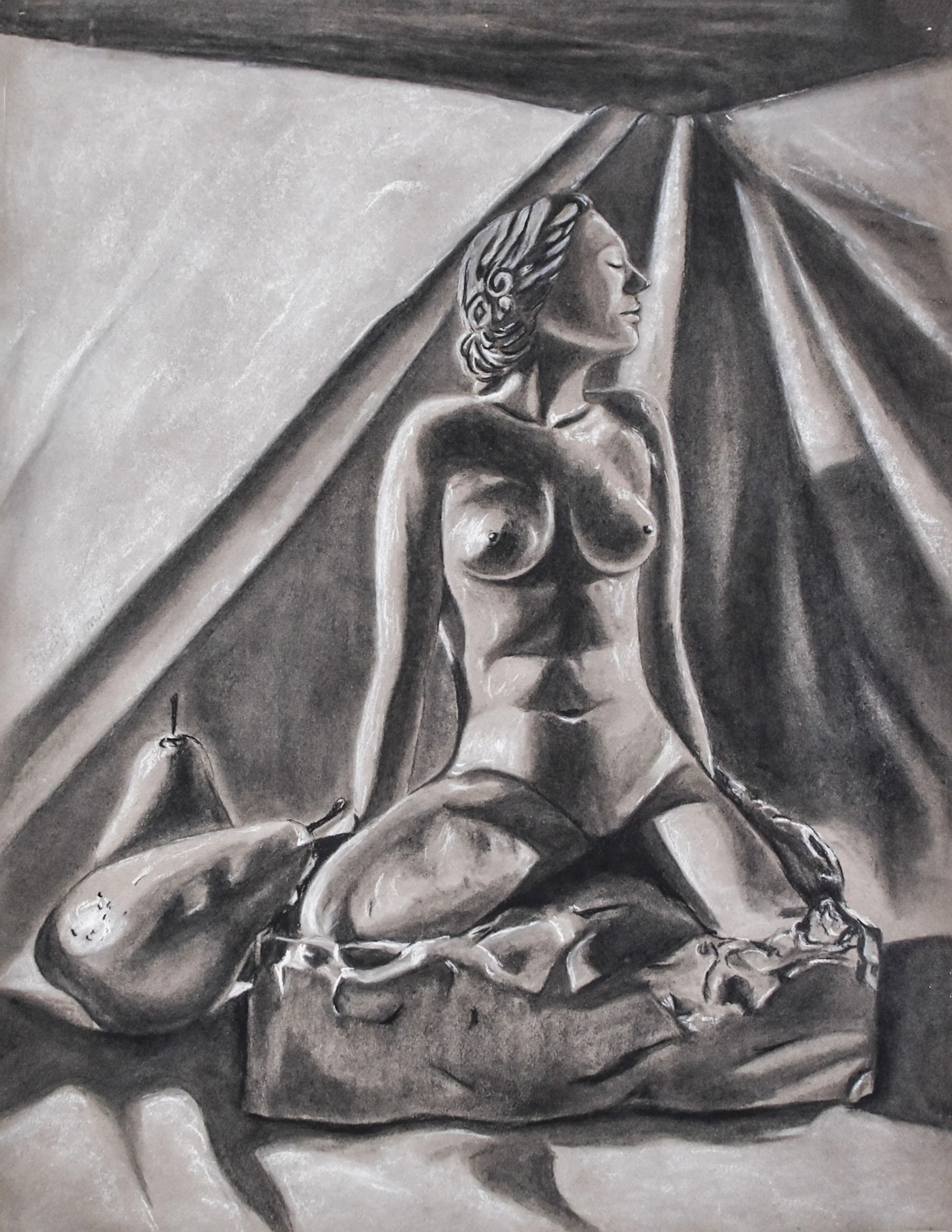 A grayscale painting of a nude woman sitting on draped fabric, with a pear and a small irregular object beside her, under a light source casting dramatic shadows.