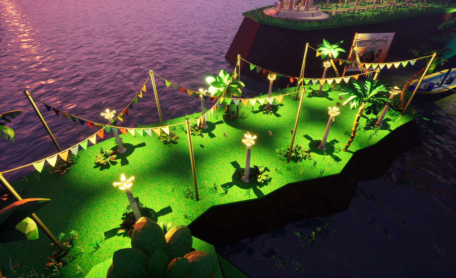 A colorful, low-poly style night scene of an island decorated with string lights, trees, and a sign in the background, with water surrounding the island.