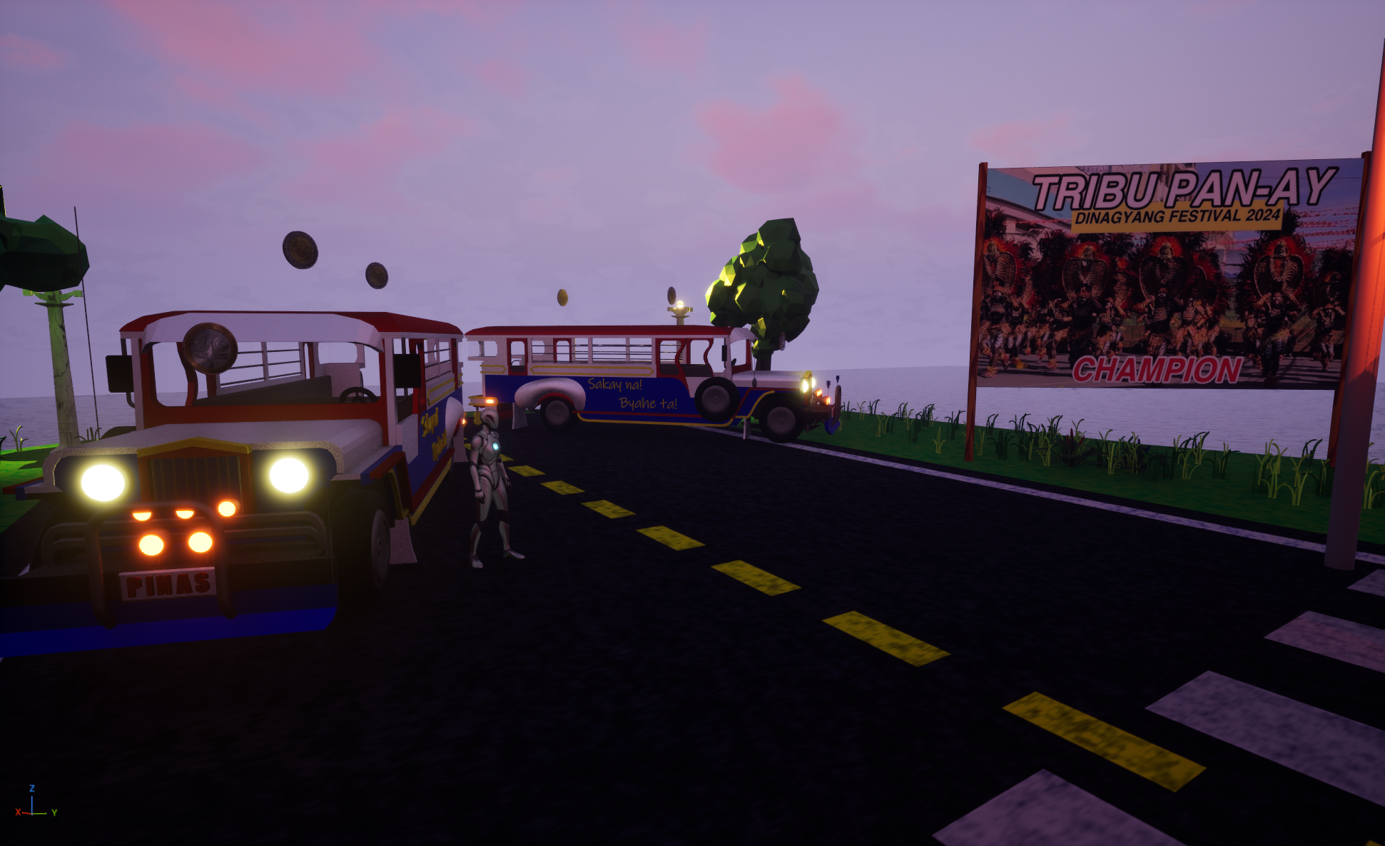 Two decorated traditional bamboo buses on a street during the Tribu Pan-Ay Dinagyang Festival 2024, with a person standing nearby, and a large festival banner in the background showing dancers.