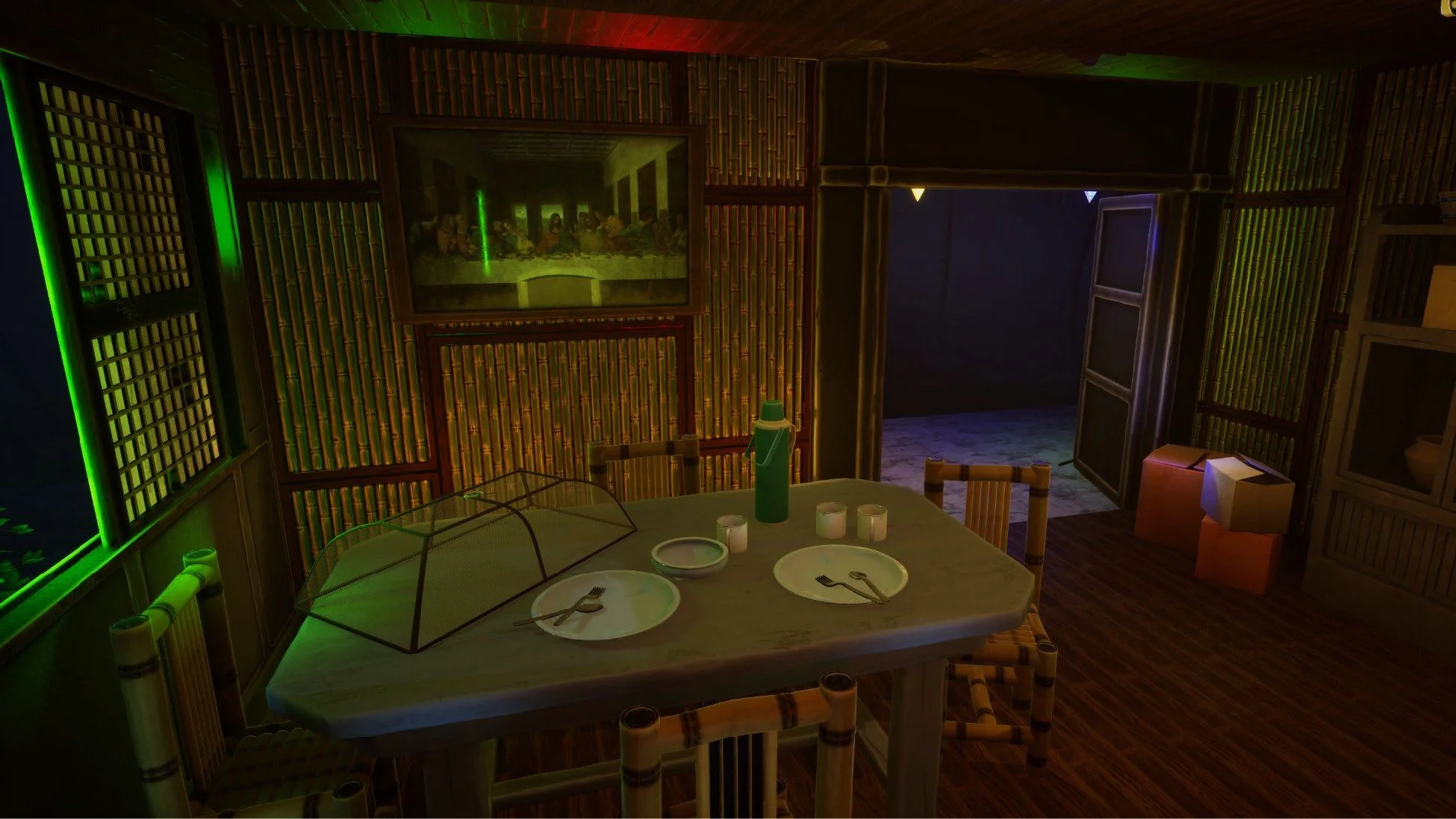 Converted image of a dimly lit dining room with rustic bamboo decor, a rectangular table set with plates, utensils, candles, and a water bottle, and a doorway leading outside to a dark patio. A framed picture hangs on the wall.