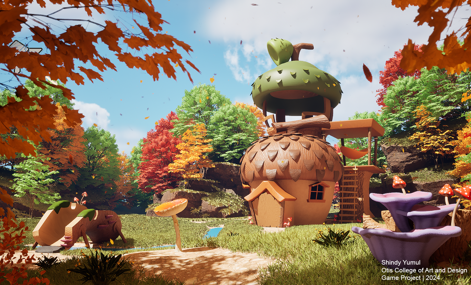 A whimsical outdoor scene featuring a small house with an acorn-shaped structure, surrounded by colorful autumn trees and oversized mushrooms in a fantasy setting.