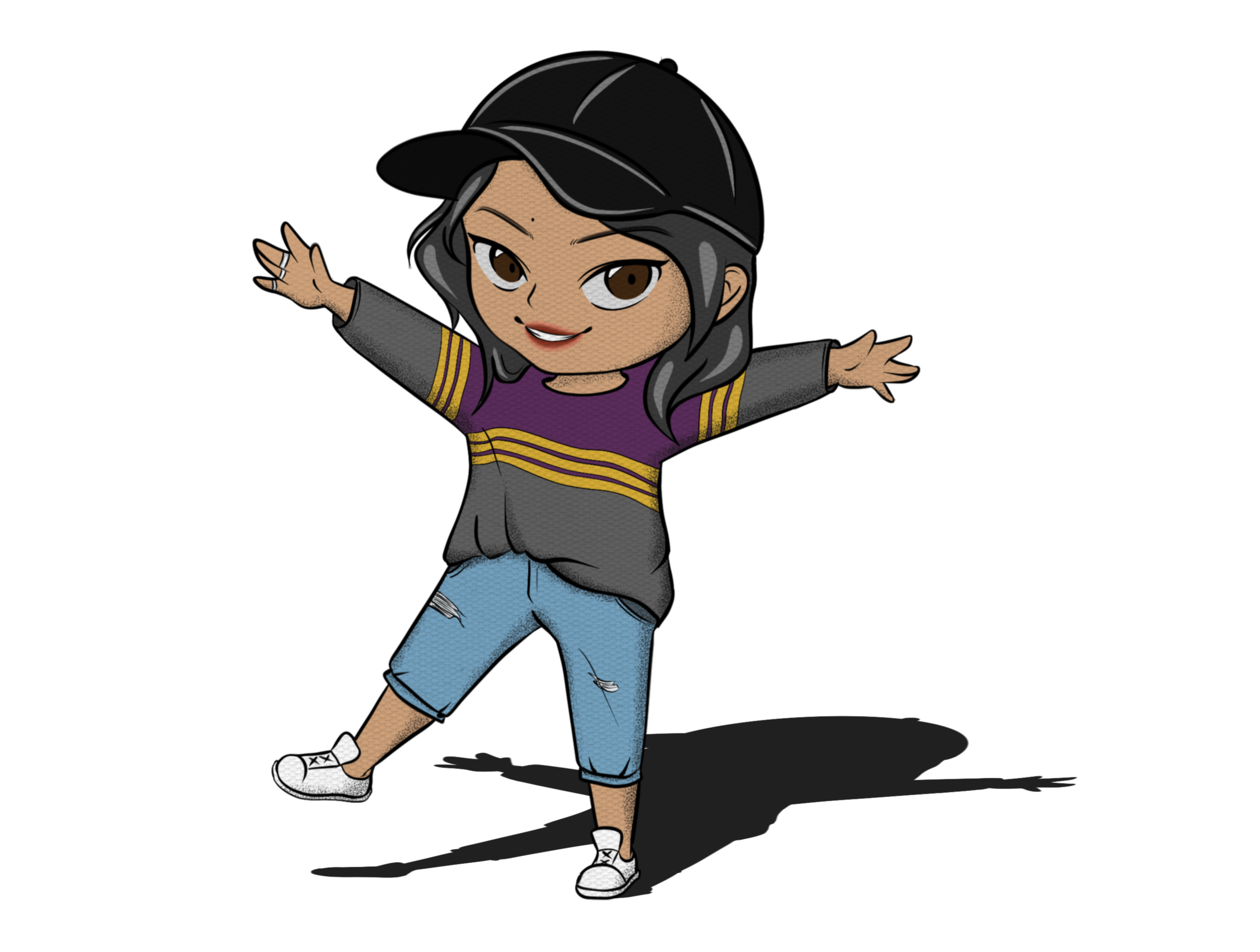 Cartoon girl with black hair wearing a black cap, purple and gray sweatshirt, ripped blue jeans, and white sneakers, dancing with arms outstretched against a black background.