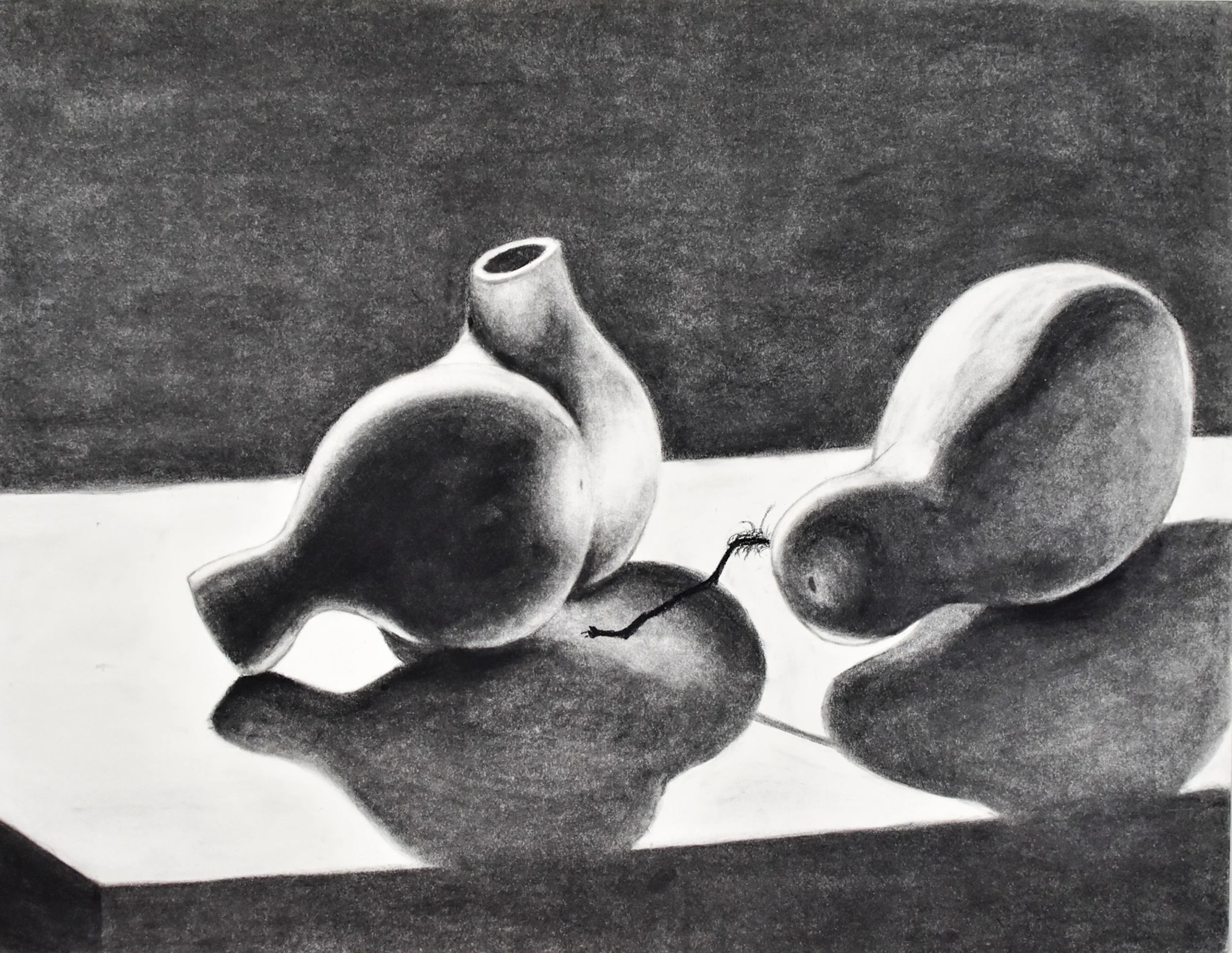 Black and white still life drawing of three pears, one with a broken stem, and their shadows on a reflective surface, with a dark background.