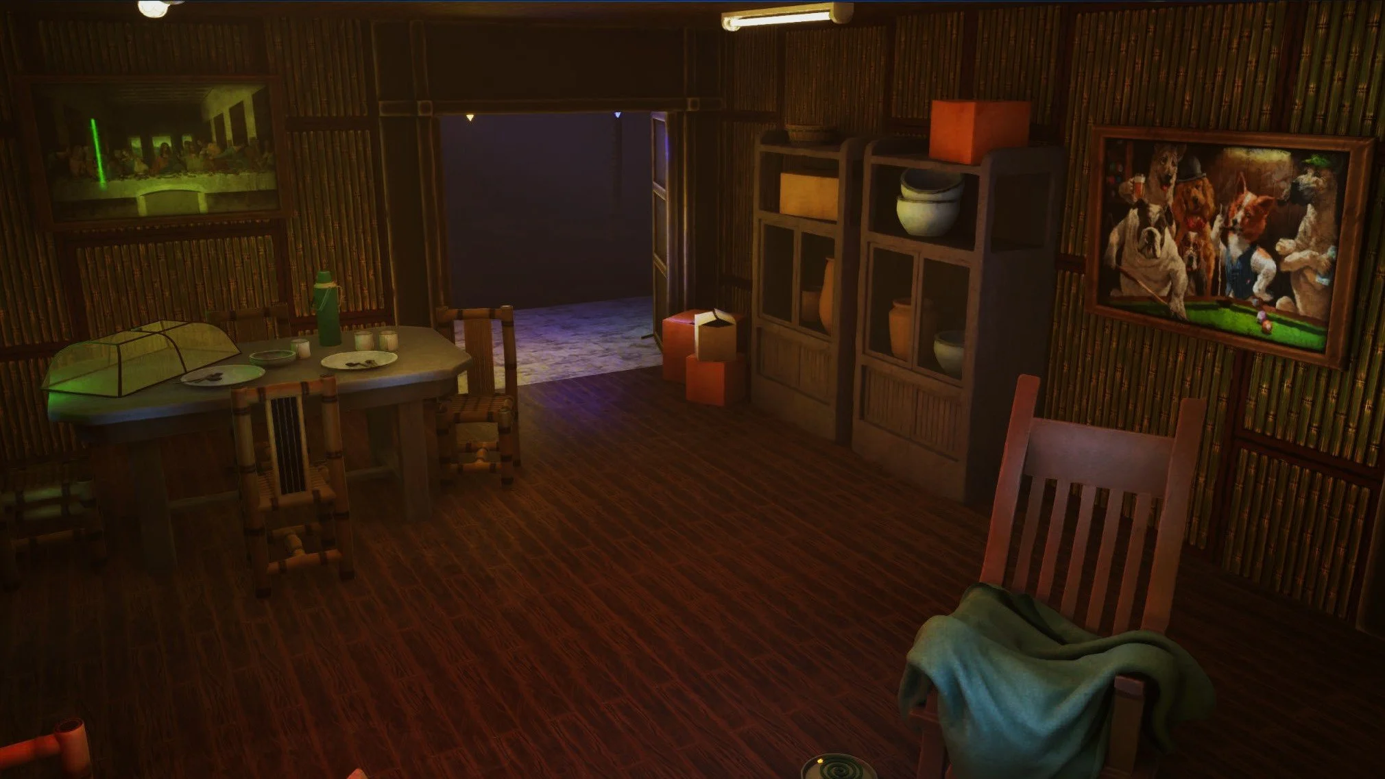 A cozy dining room with wooden flooring and bamboo wall paneling. A round dining table with chairs, set with dishes and a bottle. A bookshelf filled with pottery and decor items. A painting of dogs playing billiards on the wall. An open doorway leadi