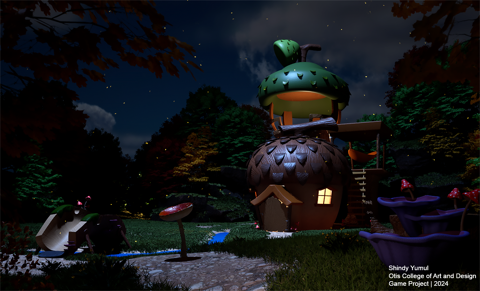 Night scene of a whimsical cottage with mushroom and leaf-shaped roofs, surrounded by glowing fireflies, colorful mushrooms, and lush trees.
