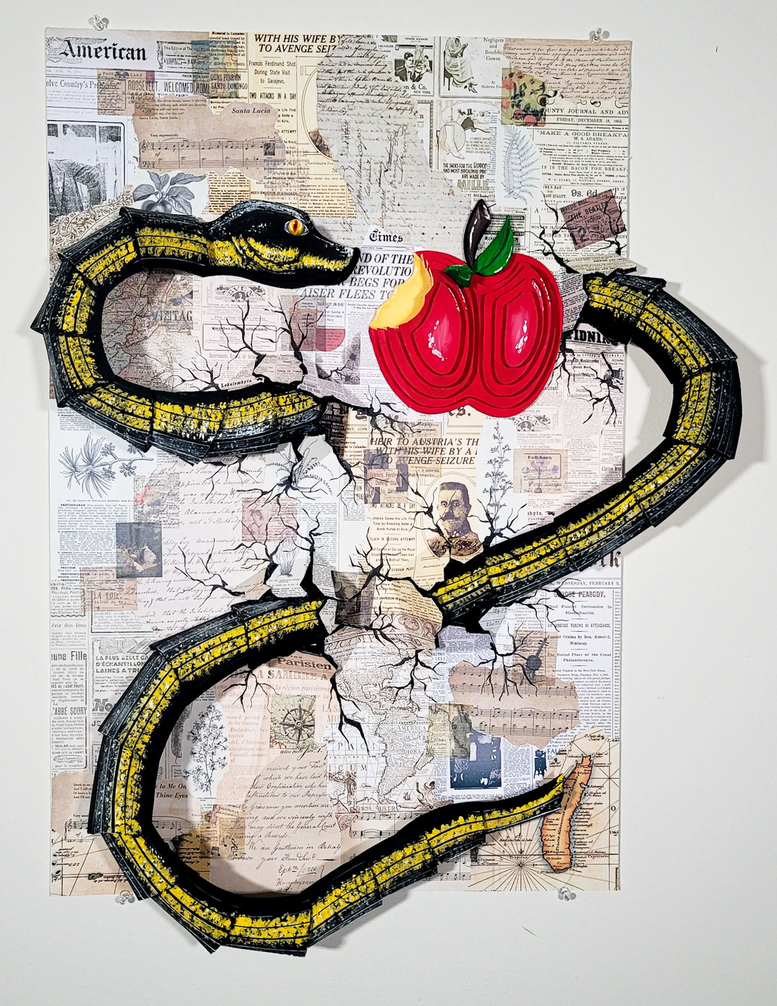 Mixed media artwork featuring a snake creating a heartbreak shape with a bitten apple in the center, set against a background of vintage newspaper clippings and illustrations.