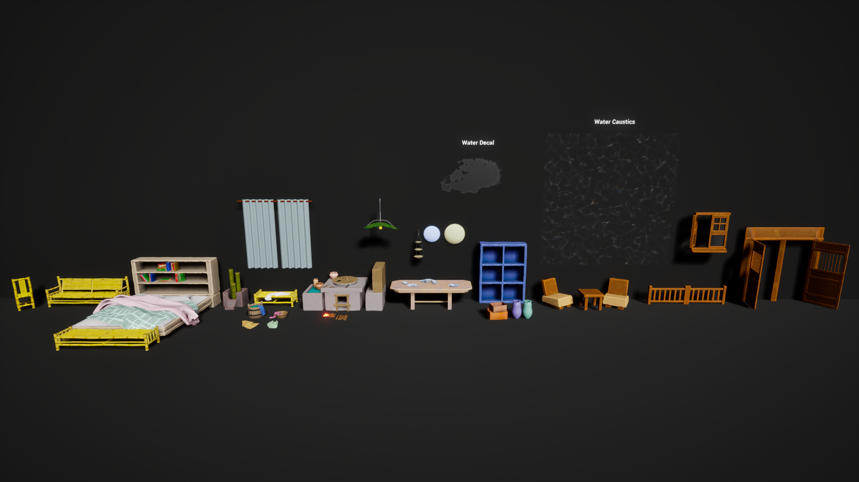 Array of miniature furniture and home decor items on black background, including bed, bookshelf, curtains, table, lamps, jars, chairs, wall decor, and window.