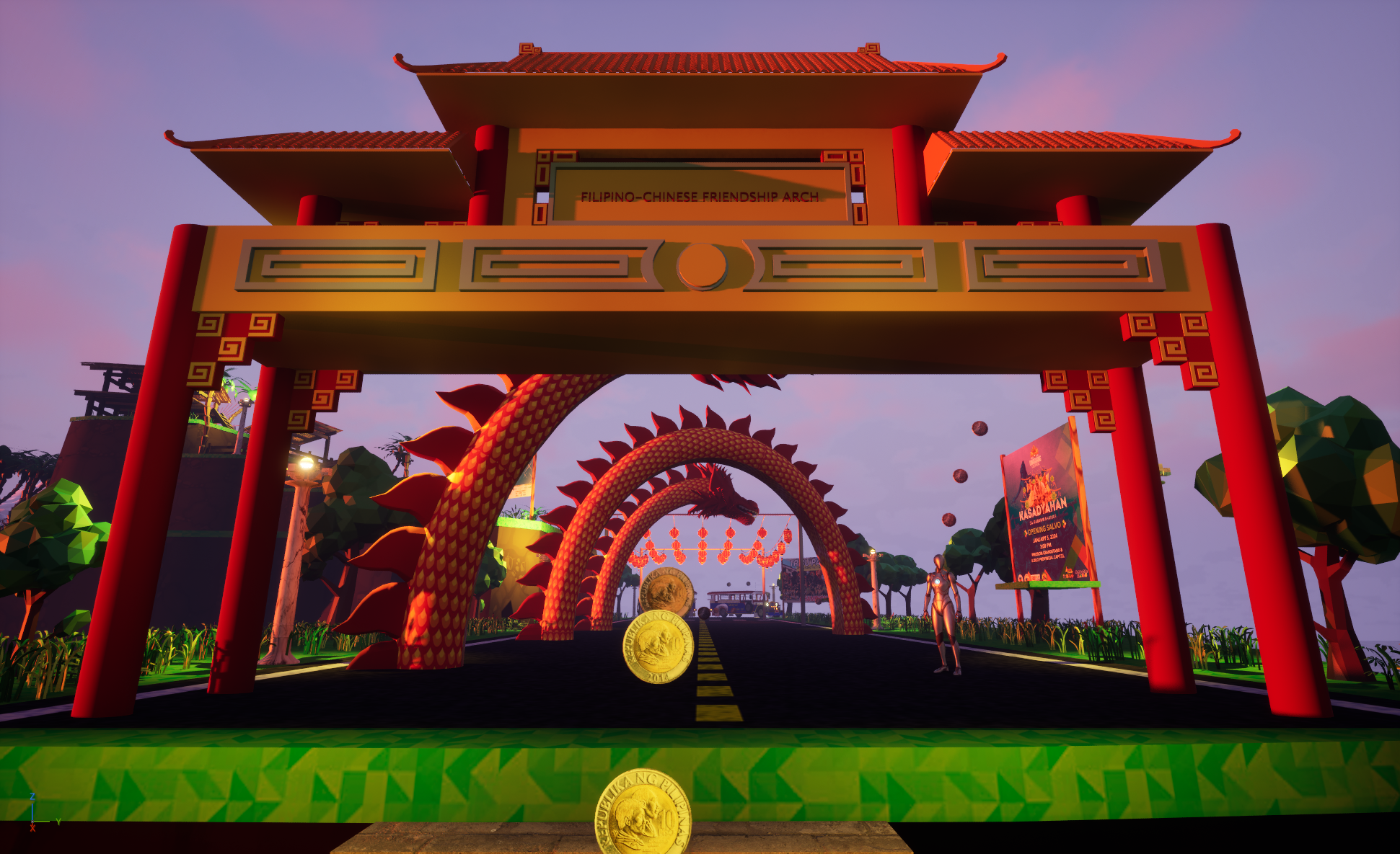 Virtual rendering of a Filipino-Chinese Friendship Arch decorated with a dragon sculpture, coins, trees, and lanterns, signifying cultural celebration.