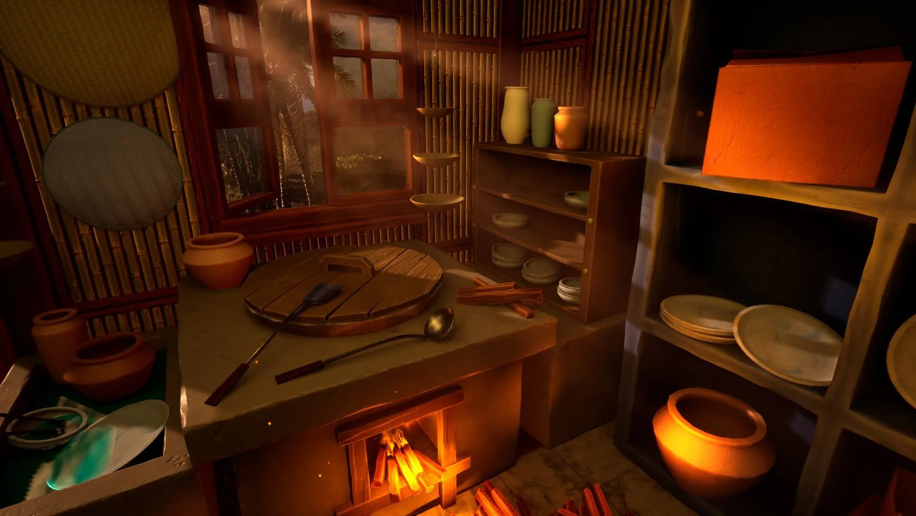 Cozy kitchen with warm lighting, wooden shelves with plates, a table with chopping board and utensils, and an open fireplace with logs. Windows reveal trees outside.