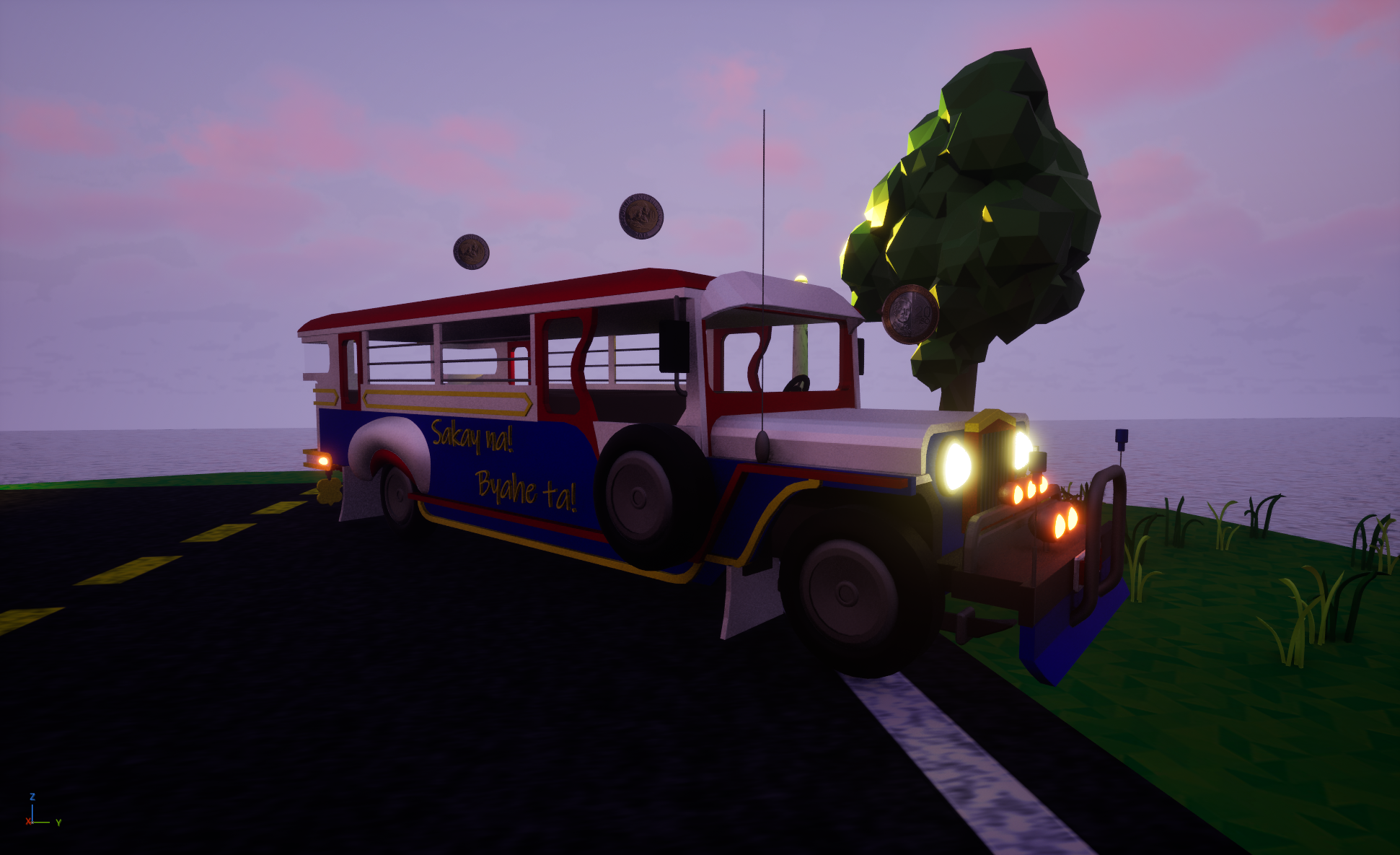 A low-poly animated street scene showing a colorful bus with a red, white, and blue design, parked partially on the road and grassy verge. The bus has party decorations, including floating coins, and the background features a pinkish sky, a large pol