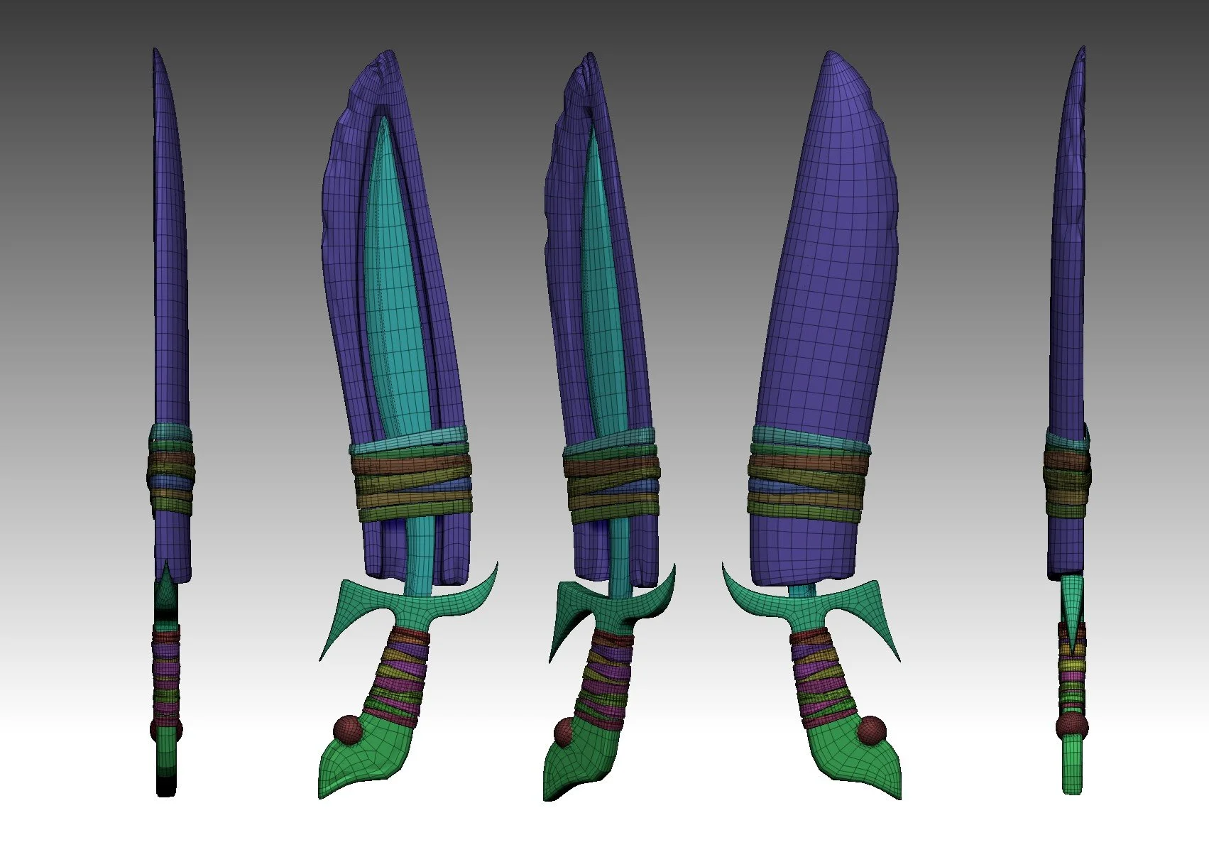 Digital 3D models of four fantasy-style knives with colorful handles and curved blades, shown from different angles.