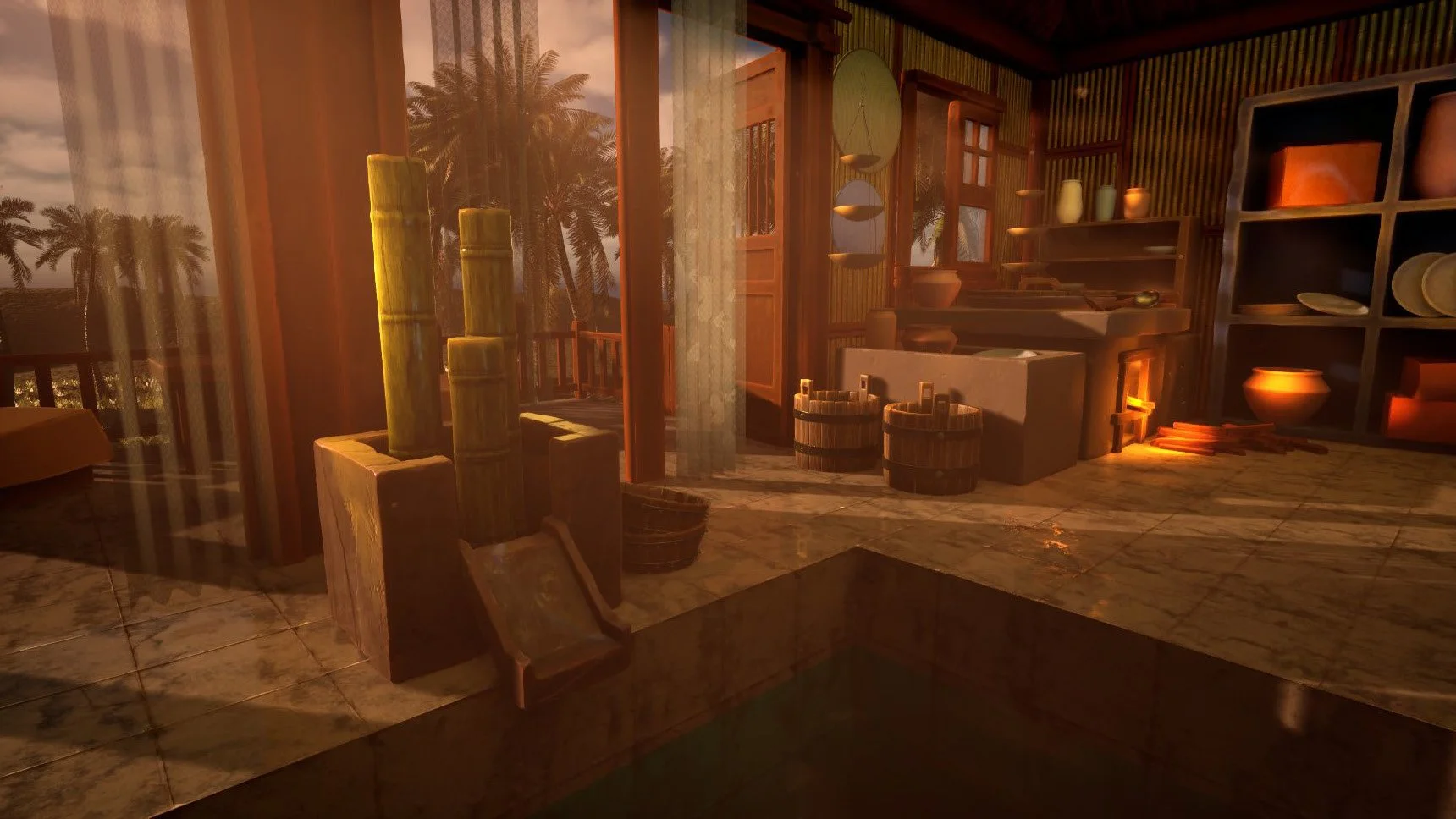 Interior of a rustic house with wooden shelves, pottery, and baskets, sunset light shining through large windows showing palm trees outside.