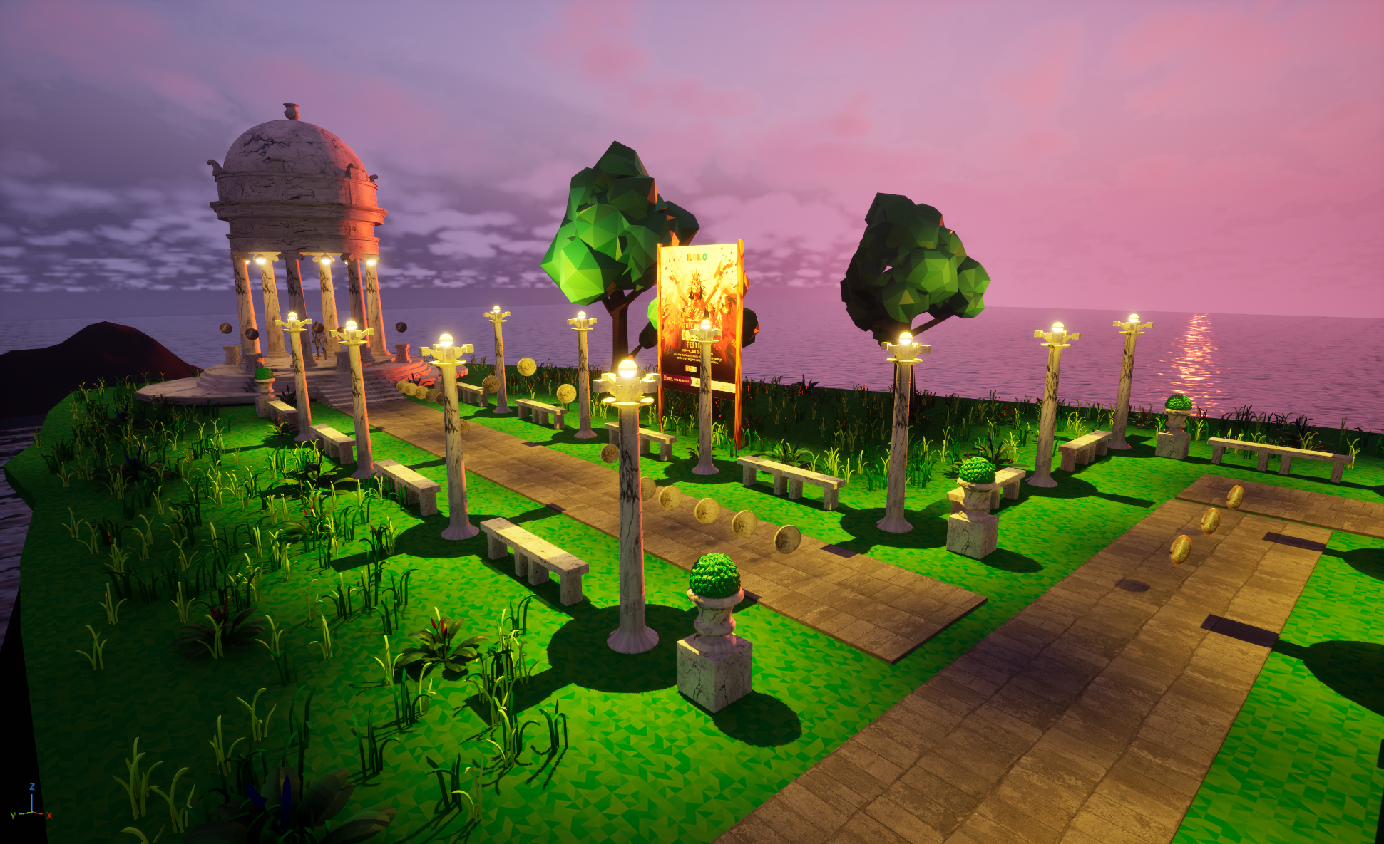 Digital rendering of a scenic park with a Greek-style pavilion, trees, and benches, overlooking the ocean at sunset, with colorful low-poly graphics and decorative street lamps along pathways.
