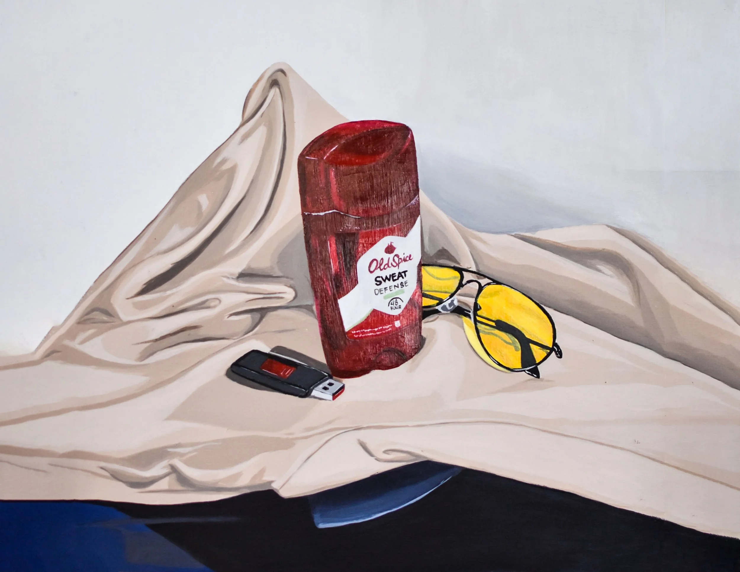 A painting of a beige cloth draped over a dark surface with a red Old Spice Sweat Defense spray bottle, a pair of yellow-tinted sunglasses, and a black and red USB flash drive on top.