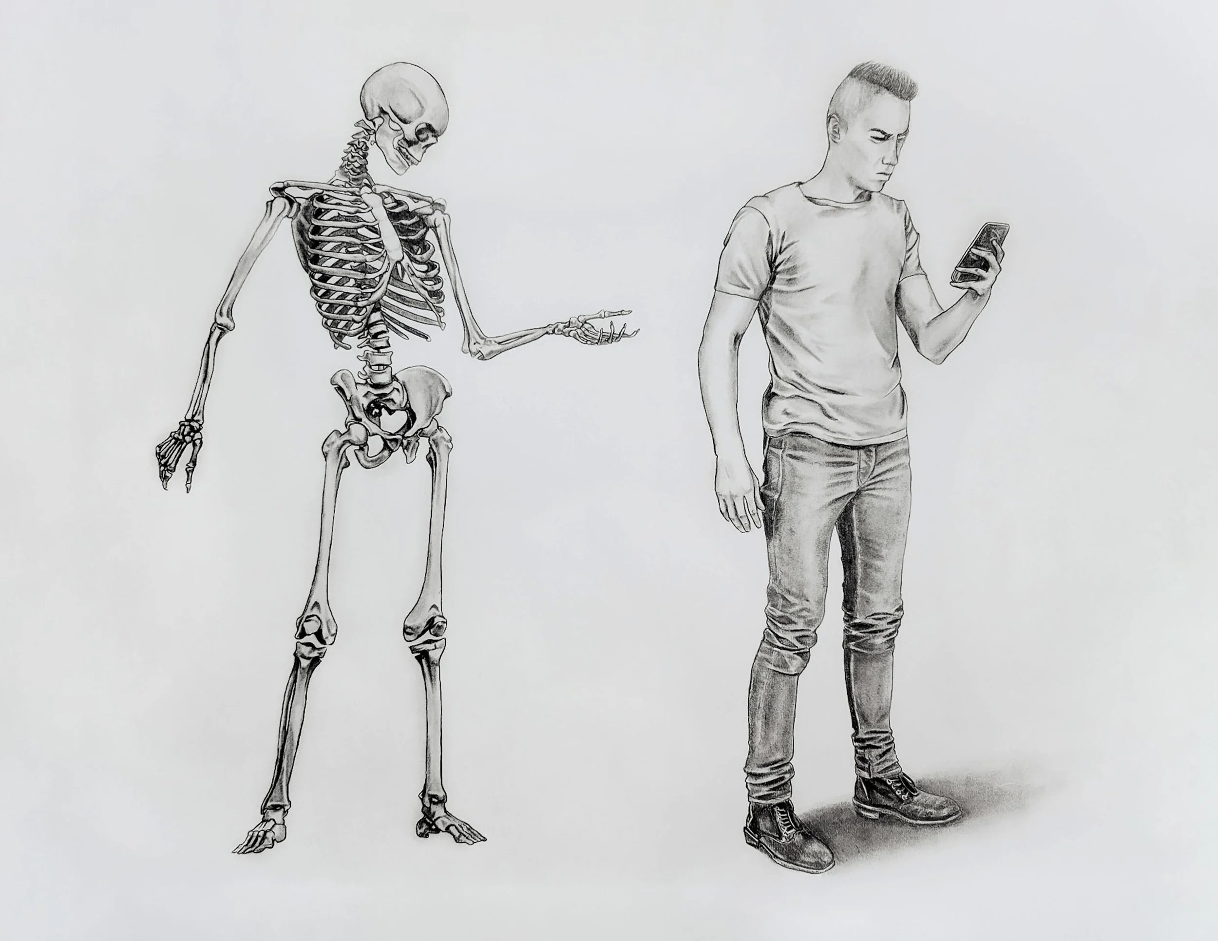A detailed pencil drawing of a human skeleton on the left and a young man in casual clothing looking at his phone on the right, both standing upright.