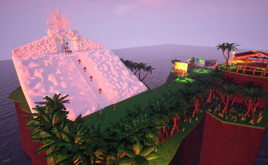 A colorful digital illustration of a whimsical island with a pink mountain, a ski slope with red balls, palm trees, and a small wooden house, set in a purple sky with the ocean in the background.