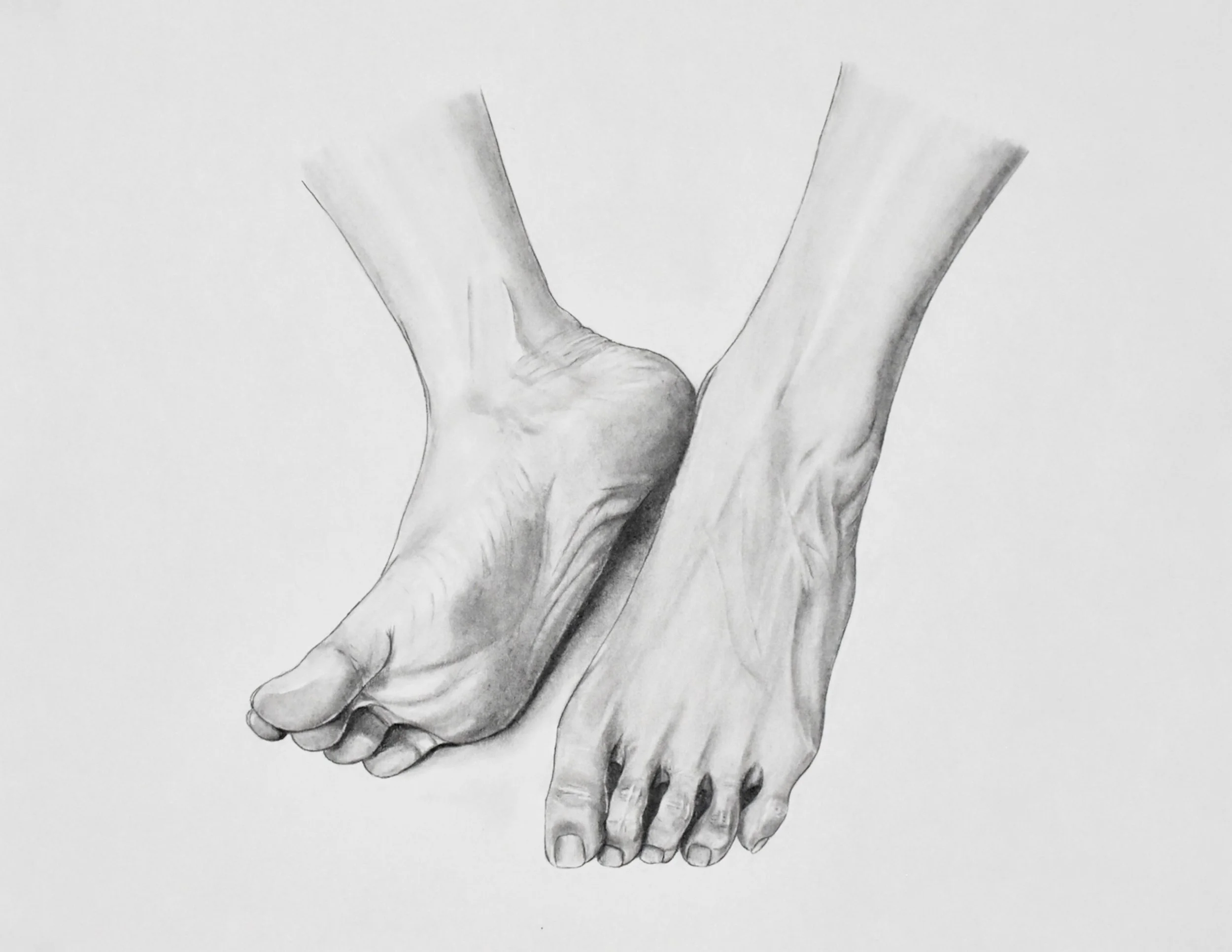 A pencil drawing of two hands holding each other, one hand around the wrist of the other.