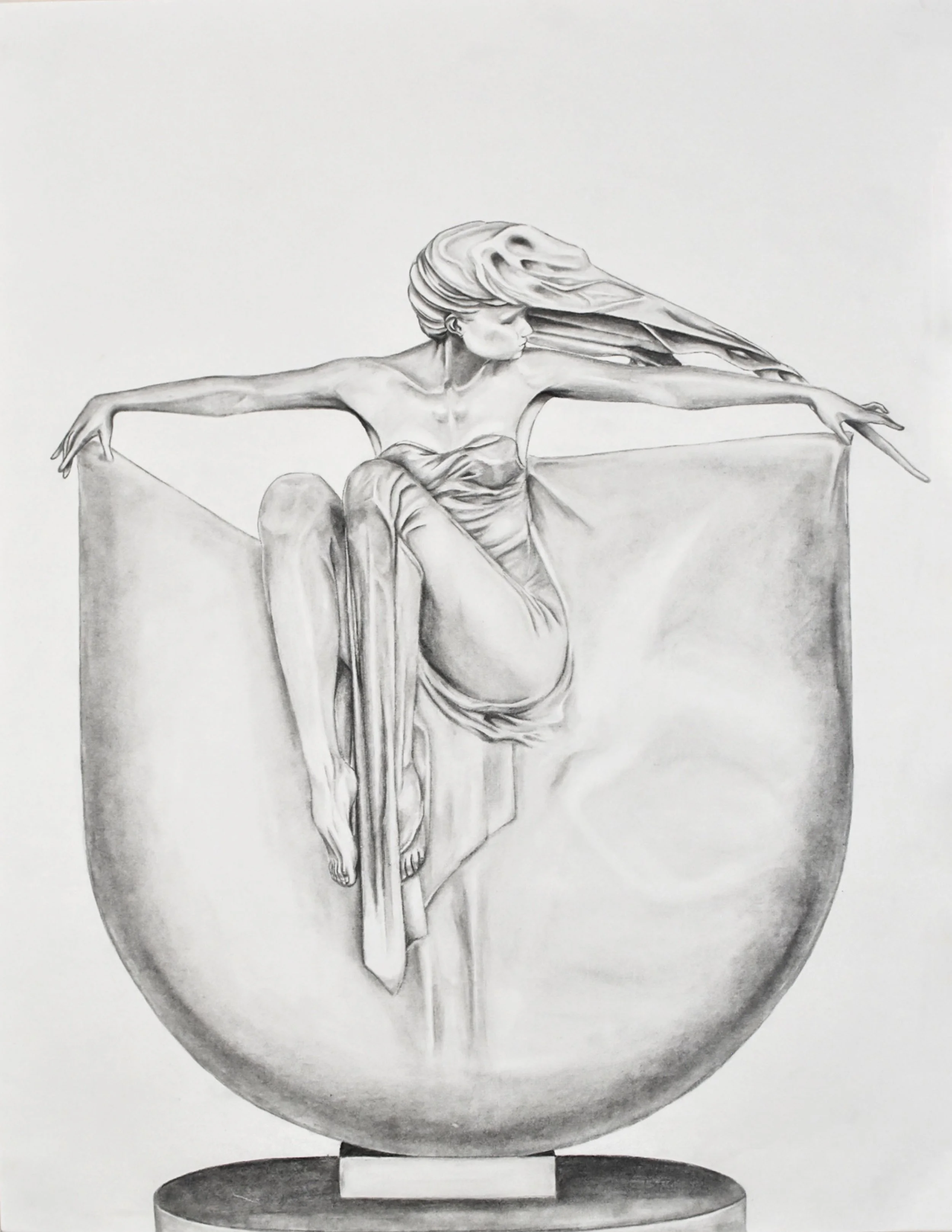 Black and white drawing of a woman with long hair, sitting inside a half-sphere, leaning against the edge with her arms outstretched.