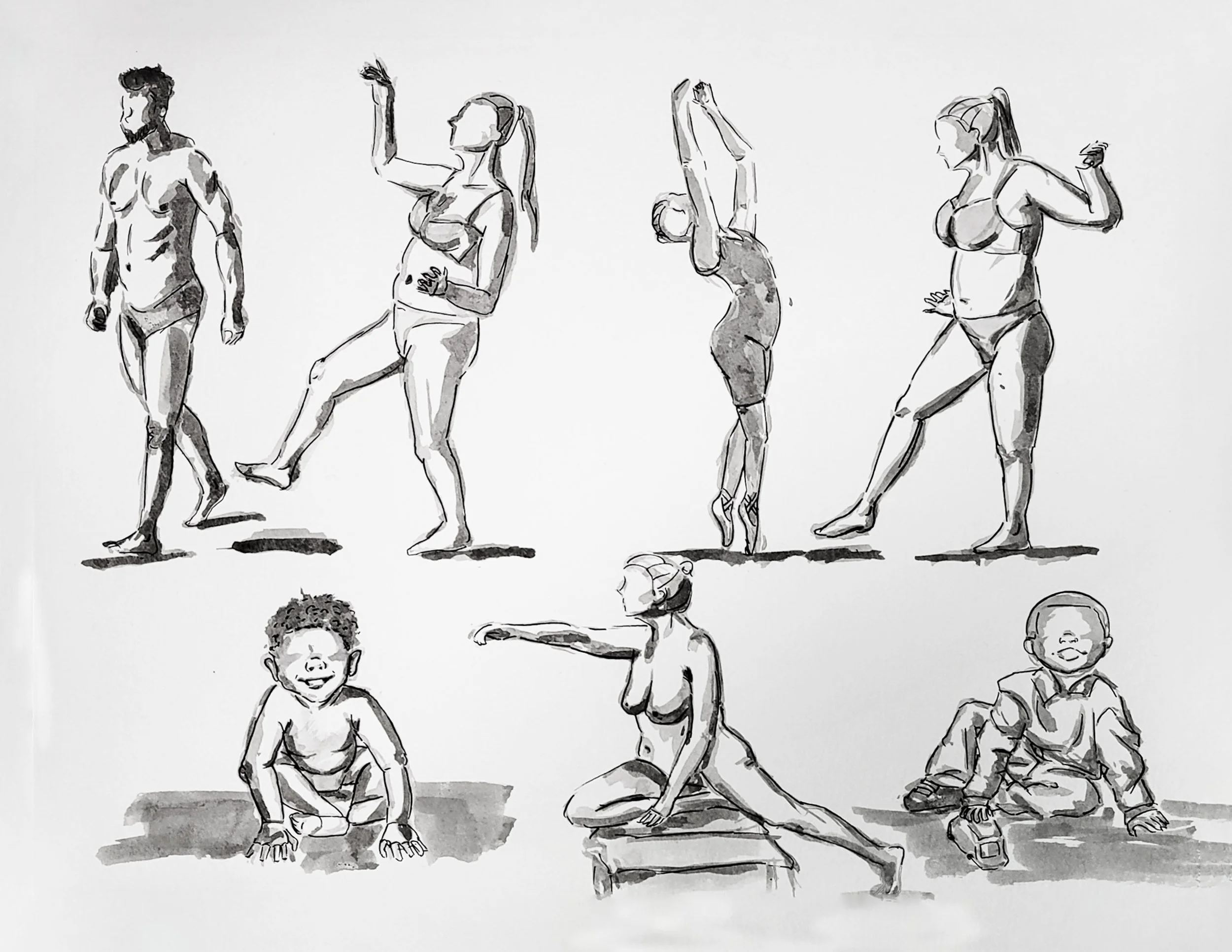 Sketch of seven children and adults performing various yoga poses and stretches, including standing, arm raise, side stretch, kneeling, and sitting, in black and white.