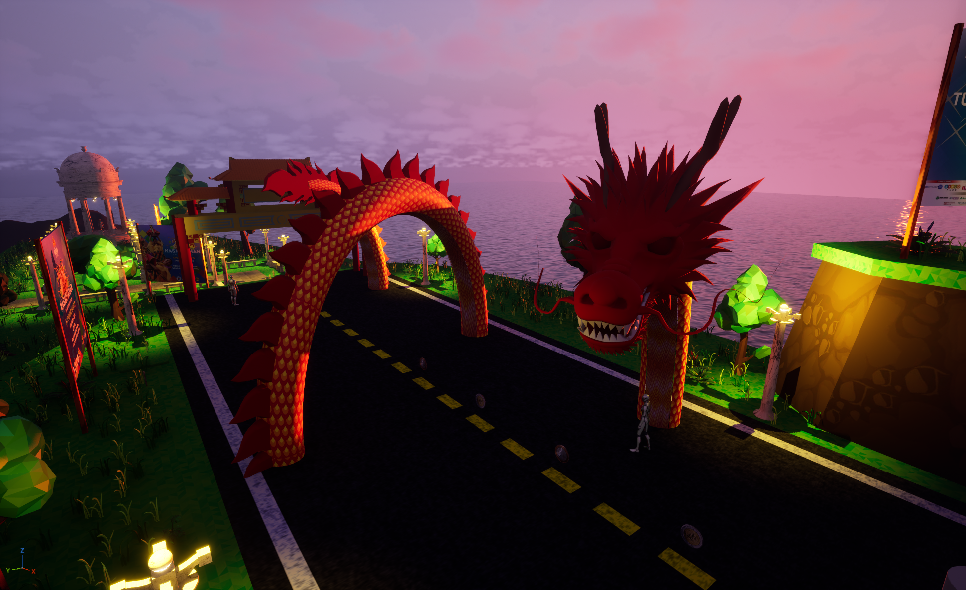 Digital rendering of a colorful Chinese dragon-themed entrance arch over a pathway, with a large dragon head statue on the right, trees, and illuminated structures under a pink sunset sky by the sea.