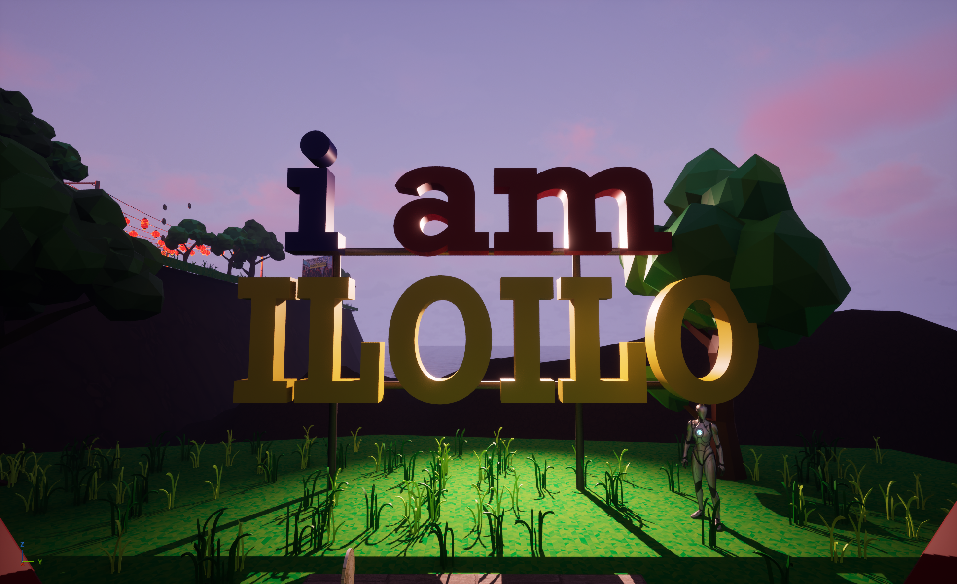 Digital artScene of a colorful sign with the text 'i am ILLO' in front of a cartoon landscape with trees, grass, a robot, and pink and purple sky.