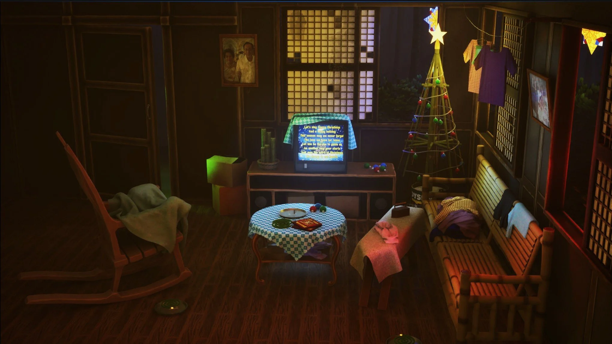 Cozy living room decorated for Christmas with a small Christmas tree, TV, rocking chair, couch, and table with holiday items, illuminated by warm lighting.