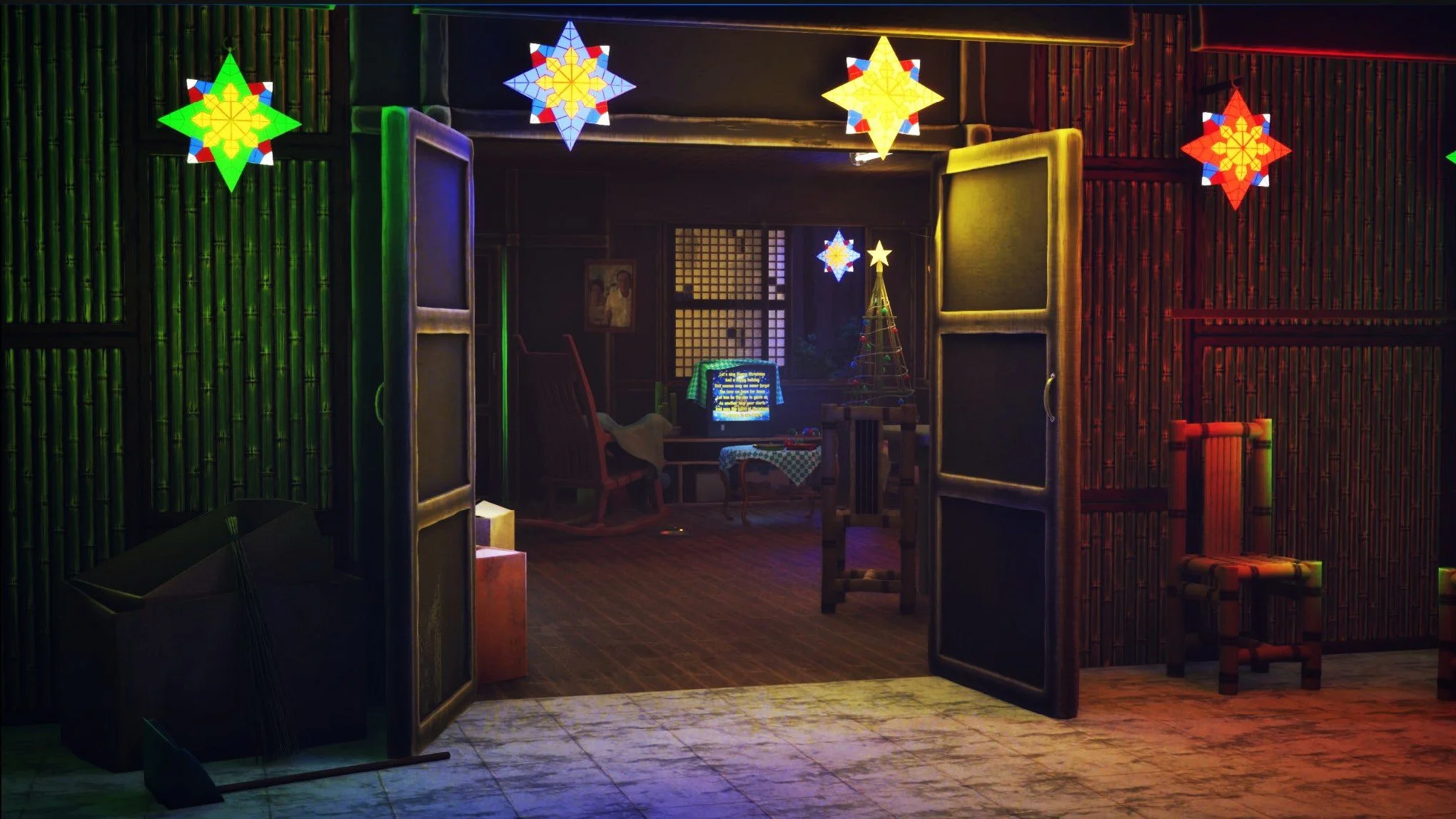 A cozy room decorated for Christmas with colorful star-shaped hanging lanterns, a small Christmas tree, and a television on a table. The room has bamboo and wood paneling walls, and an open doorway reveals an interior with a rocking chair, small tabl