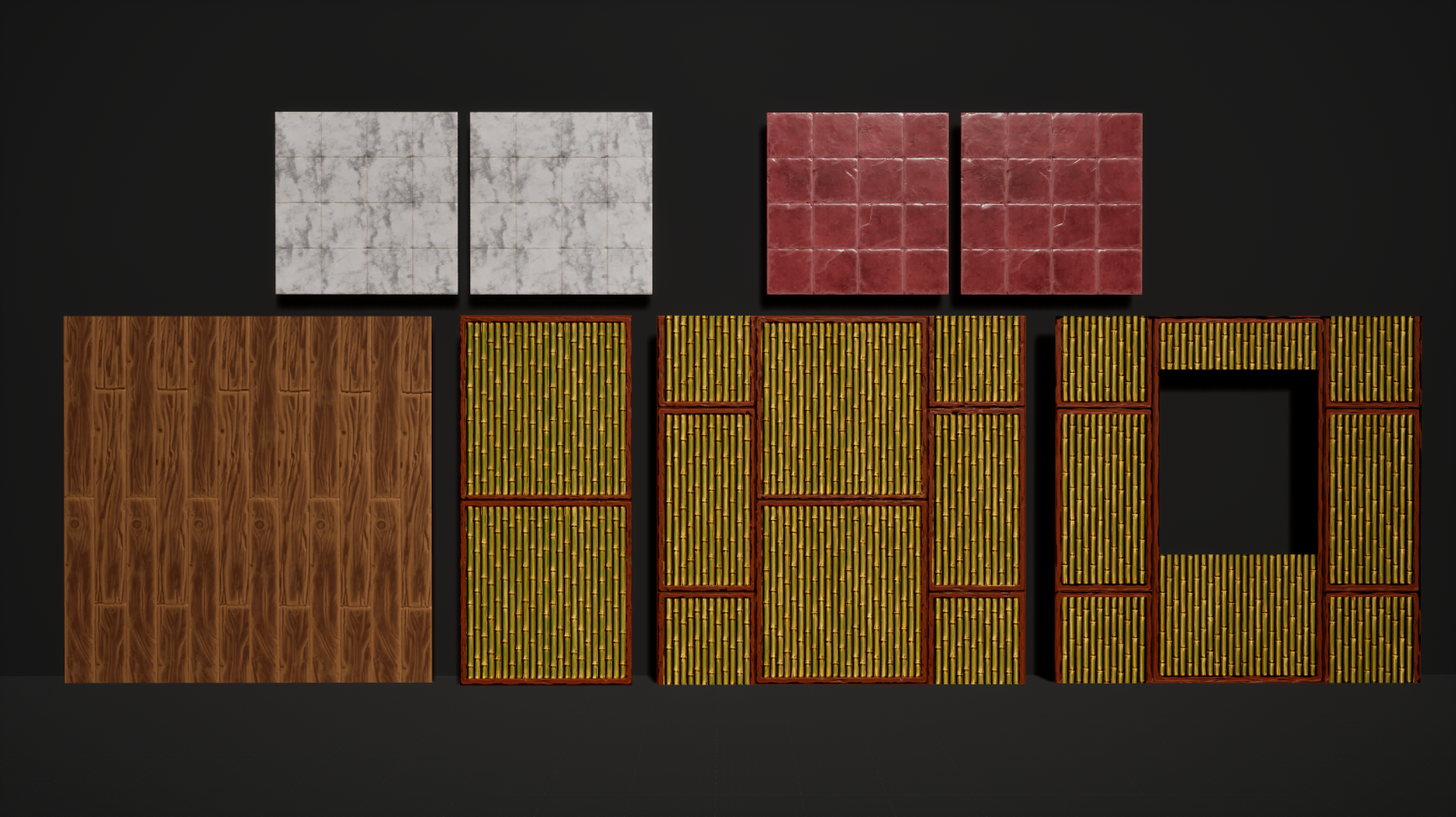 Various tiles and bamboo panels arranged on a black surface, including gray, red, wood-patterned, and yellow-green bamboo tiles, with one panel featuring a rectangular cutout.