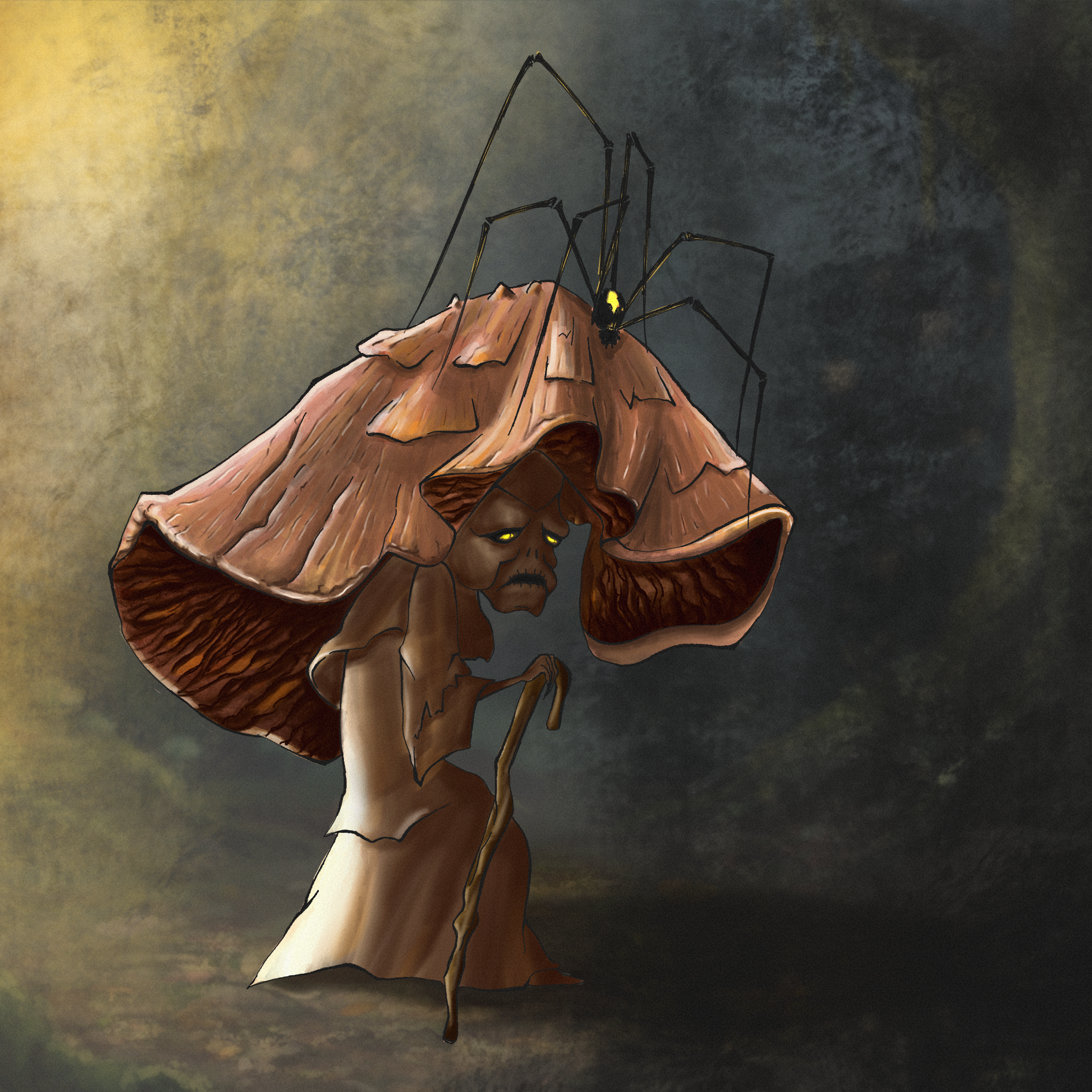 A sad, anthropomorphic mushroom with a walking stick, under a large, hanging mushroom cap, with a black spider on top of the cap.