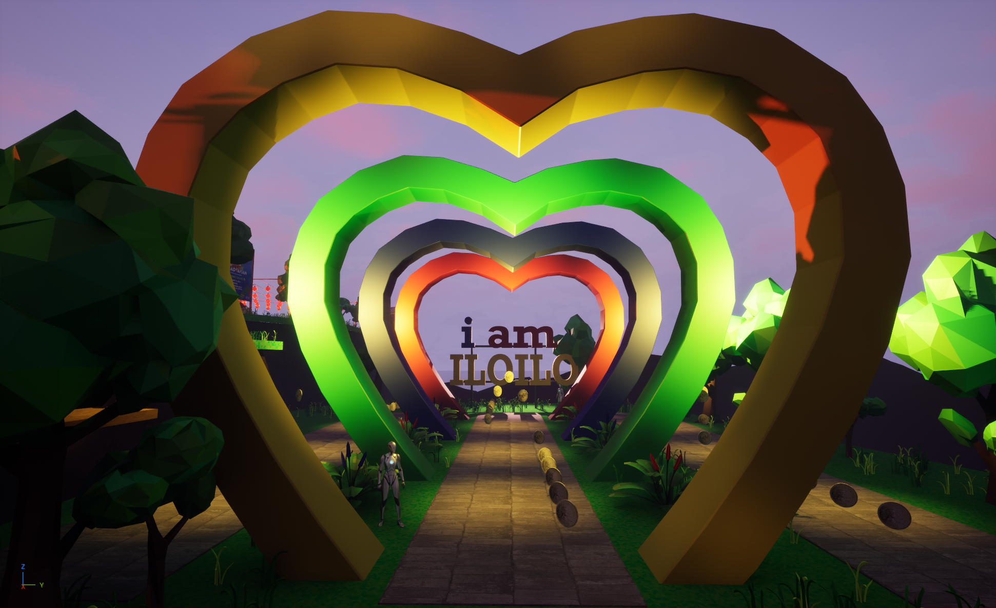 A scene of colorful, glowing heart-shaped arches creating a tunnel, with the words 'I am Lollo' in the background, surrounded by trees and plants in a low-poly art style.